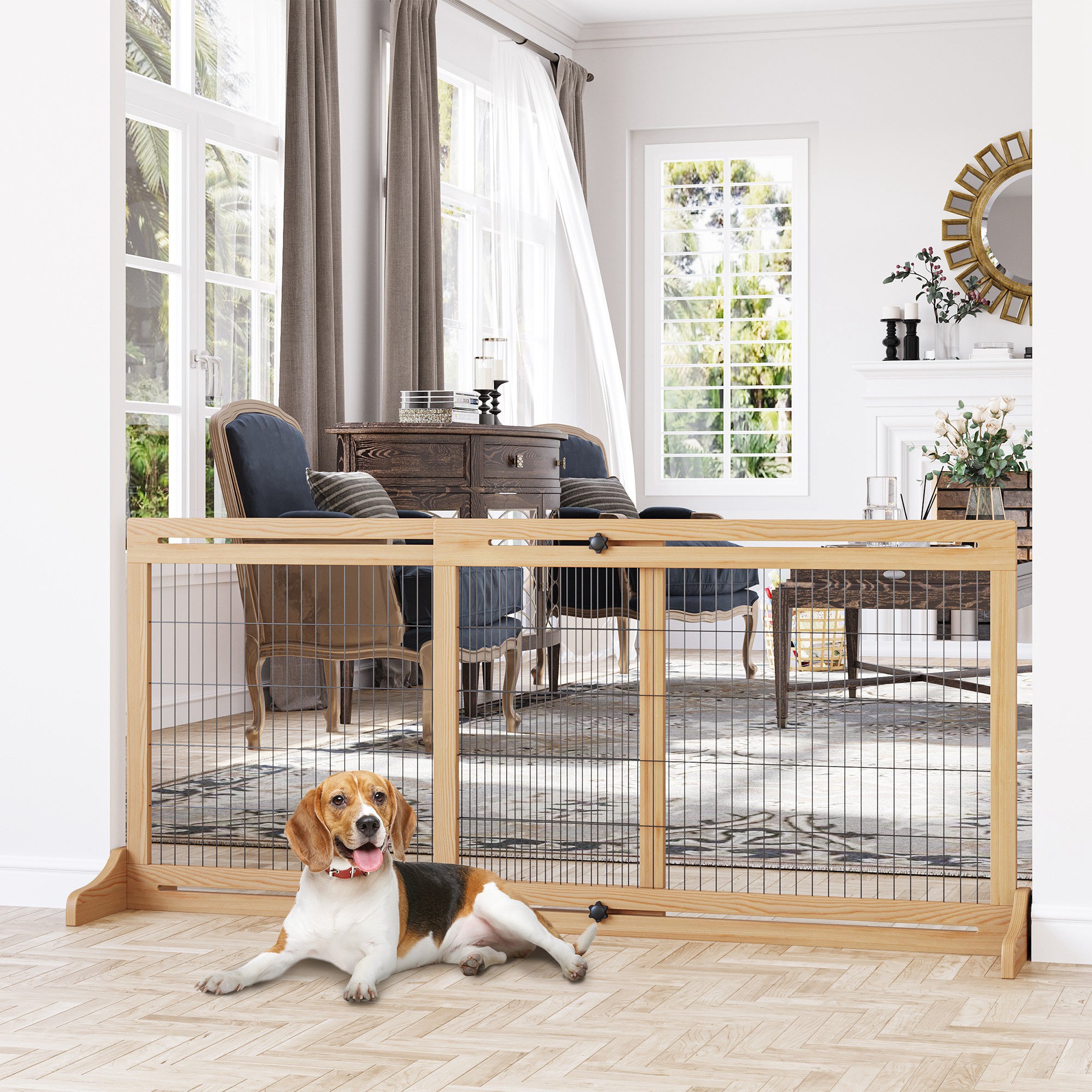 Free Standing Pet Gate, Wooden Foldable Dog Gate with 41"-72" Adjustable Length, Support Feet, Pet Barrier for Small Medium Dogs, for Stairway, Doorway, Hallway, Natural