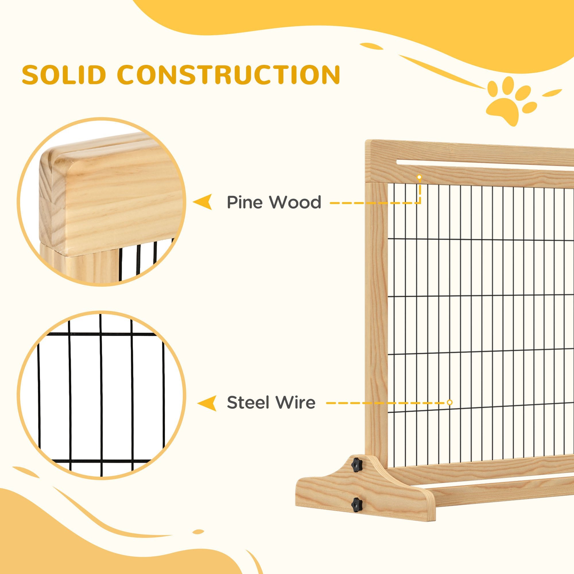 Free Standing Pet Gate, Wooden Foldable Dog Gate with 41"-72" Adjustable Length, Support Feet, Pet Barrier for Small Medium Dogs, for Stairway, Doorway, Hallway, Natural