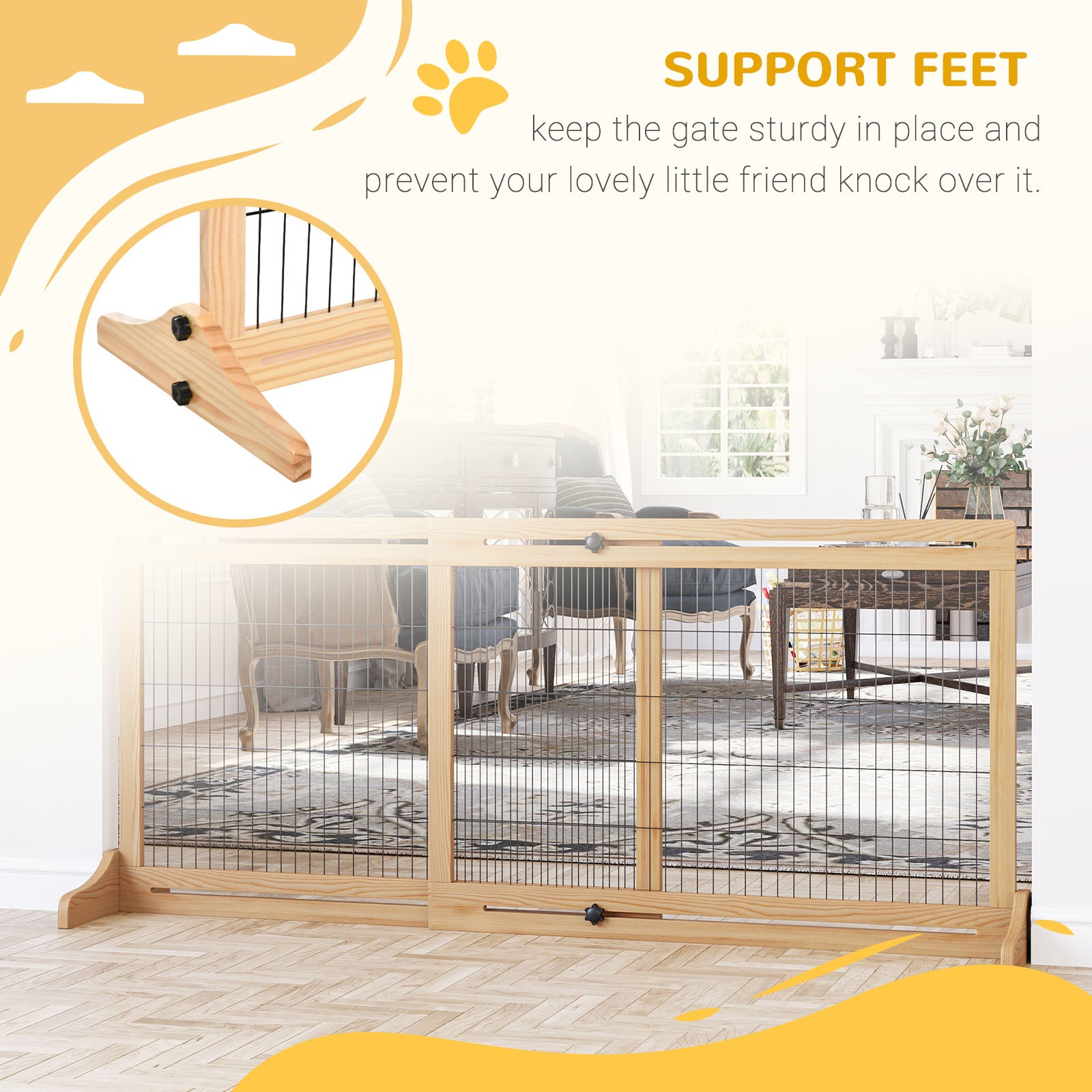 Free Standing Pet Gate, Wooden Foldable Dog Gate with 41"-72" Adjustable Length, Support Feet, Pet Barrier for Small Medium Dogs, for Stairway, Doorway, Hallway, Natural