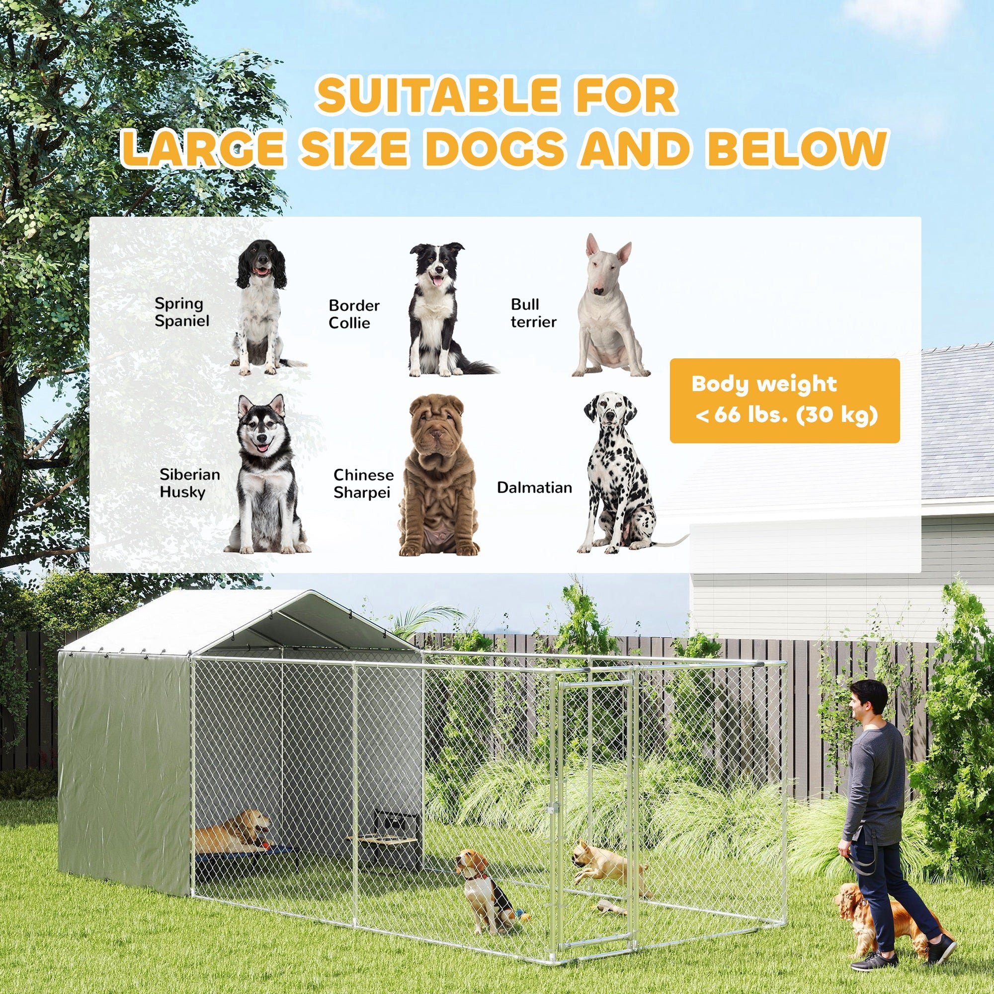 Outdoor Dog Kennel with Waterproof & UV-Resistant Cover, Dog Run with Secure Lock for Small Medium Large Dogs, 19.7' x 7.5' x 7.5'