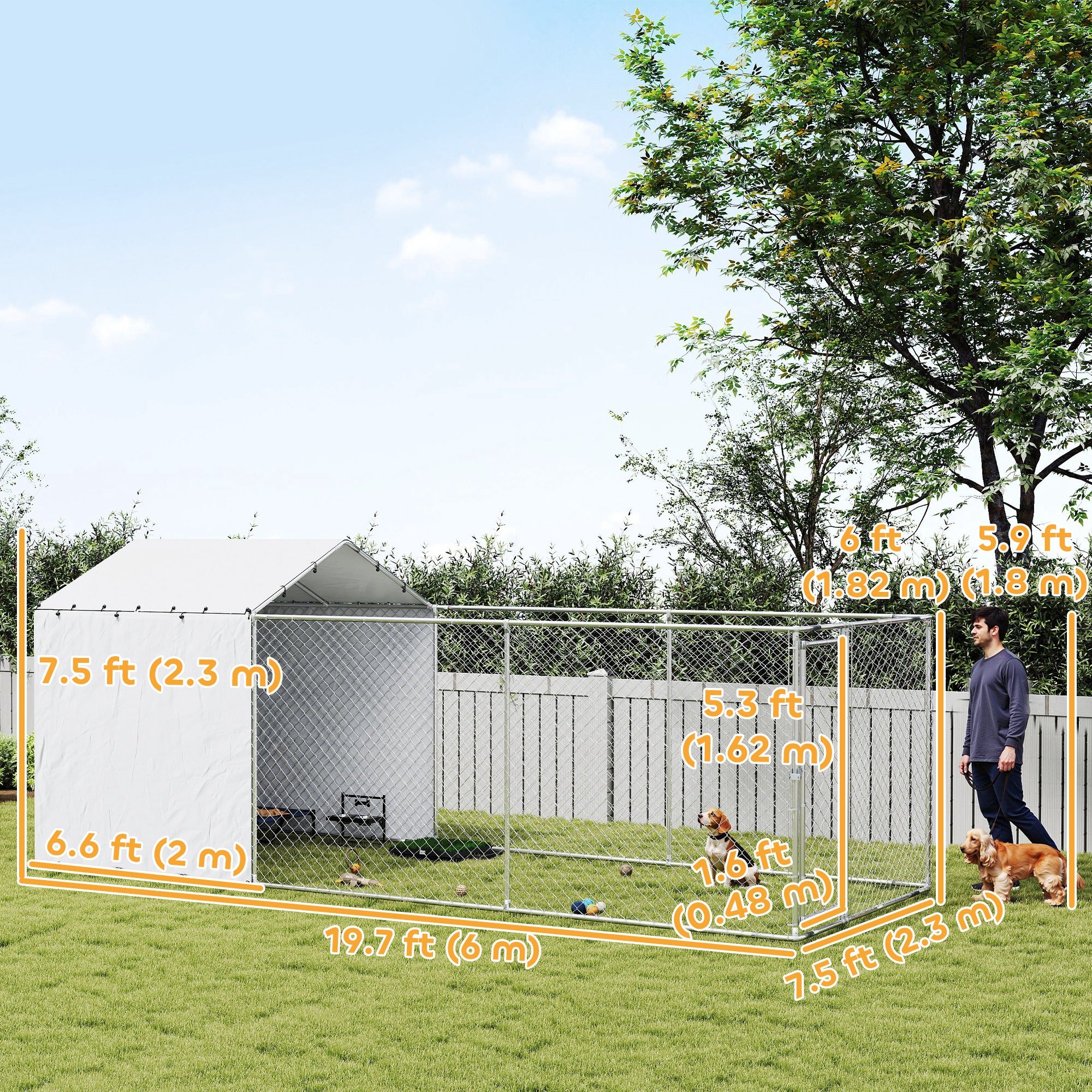Outdoor Dog Kennel with Waterproof & UV-Resistant Cover, Dog Run with Secure Lock for Small Medium Large Dogs, 19.7' x 7.5' x 7.5'