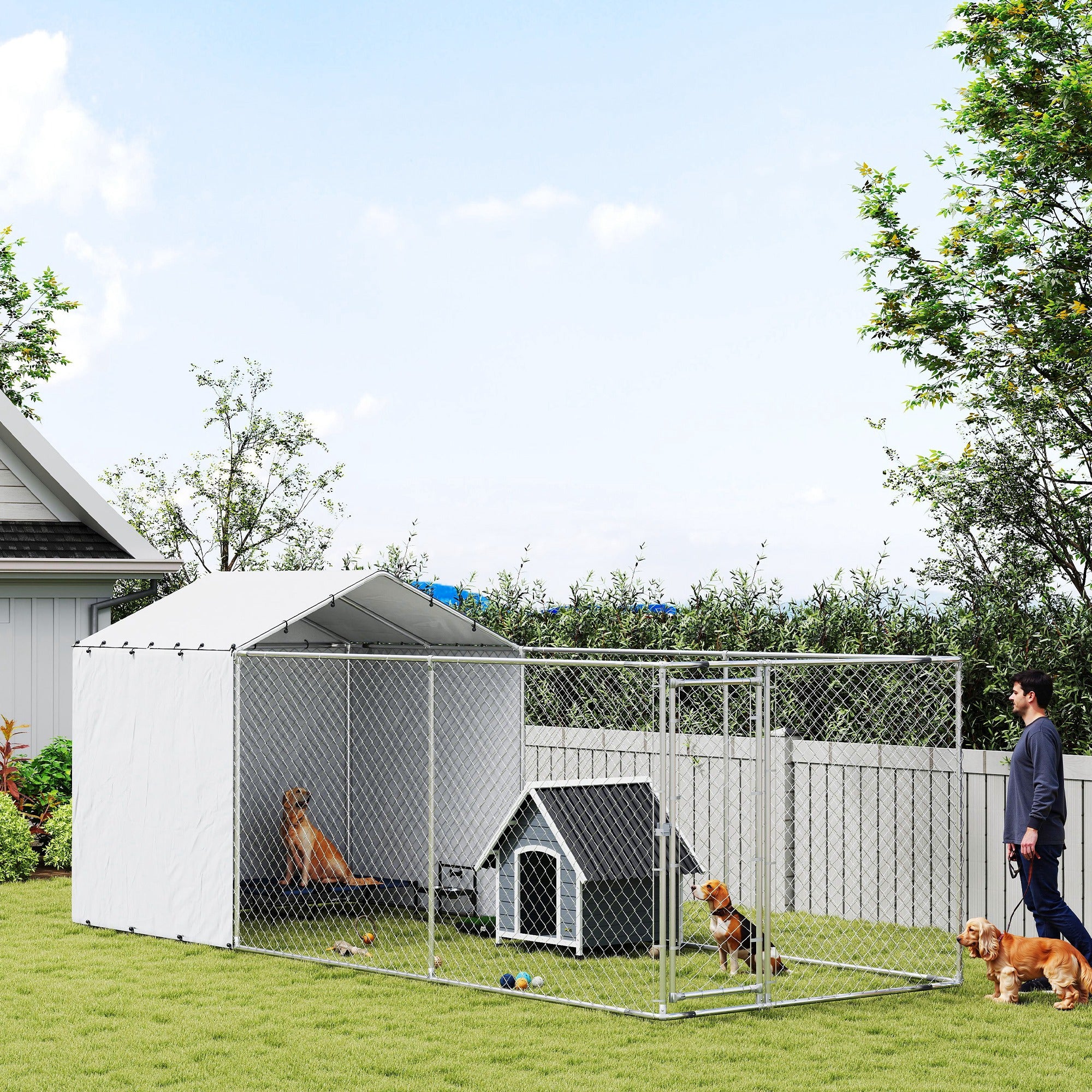 Outdoor Dog Kennel with Waterproof & UV-Resistant Cover, Dog Run with Secure Lock for Small Medium Large Dogs, 19.7' x 7.5' x 7.5'