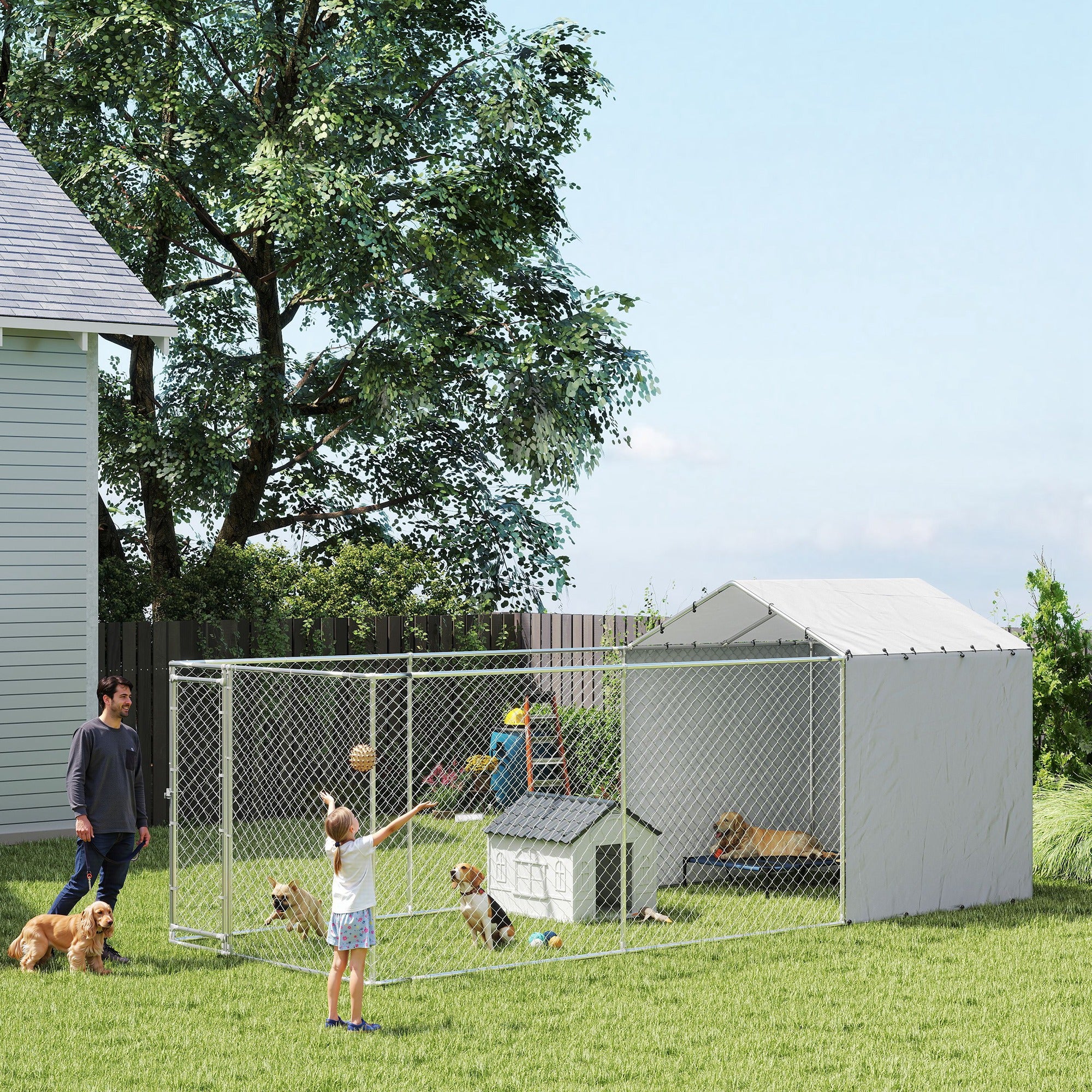 Outdoor Dog Kennel with Waterproof & UV-Resistant Cover, Dog Run with Secure Lock for Small Medium Large Dogs, 19.7' x 7.5' x 7.5'