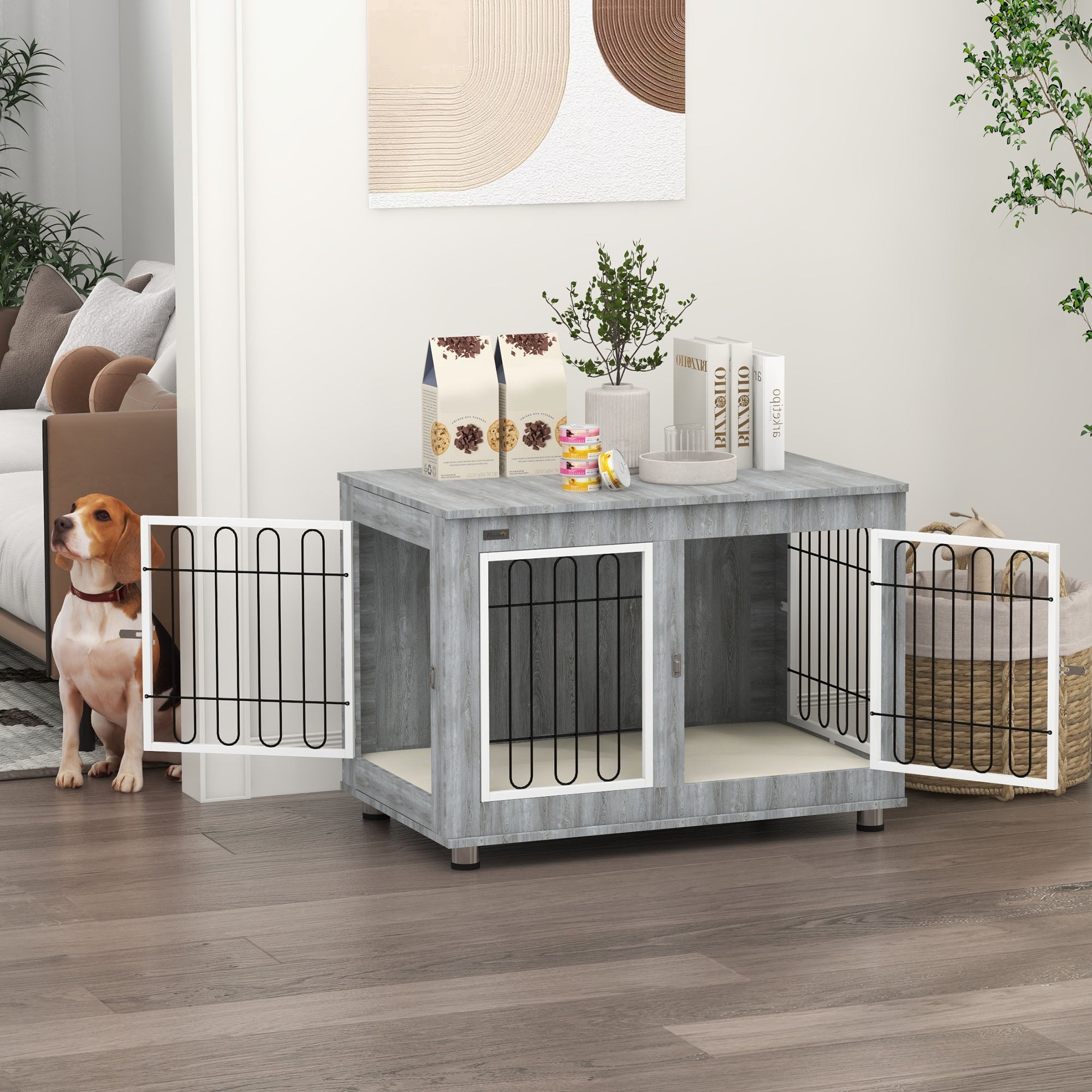 Dog Crate Furniture, Indoor Dog Kennel Side End Table with Cushion, Double Doors, for Medium and Large Breeds, 90 x 58 x 65 cm, Grey