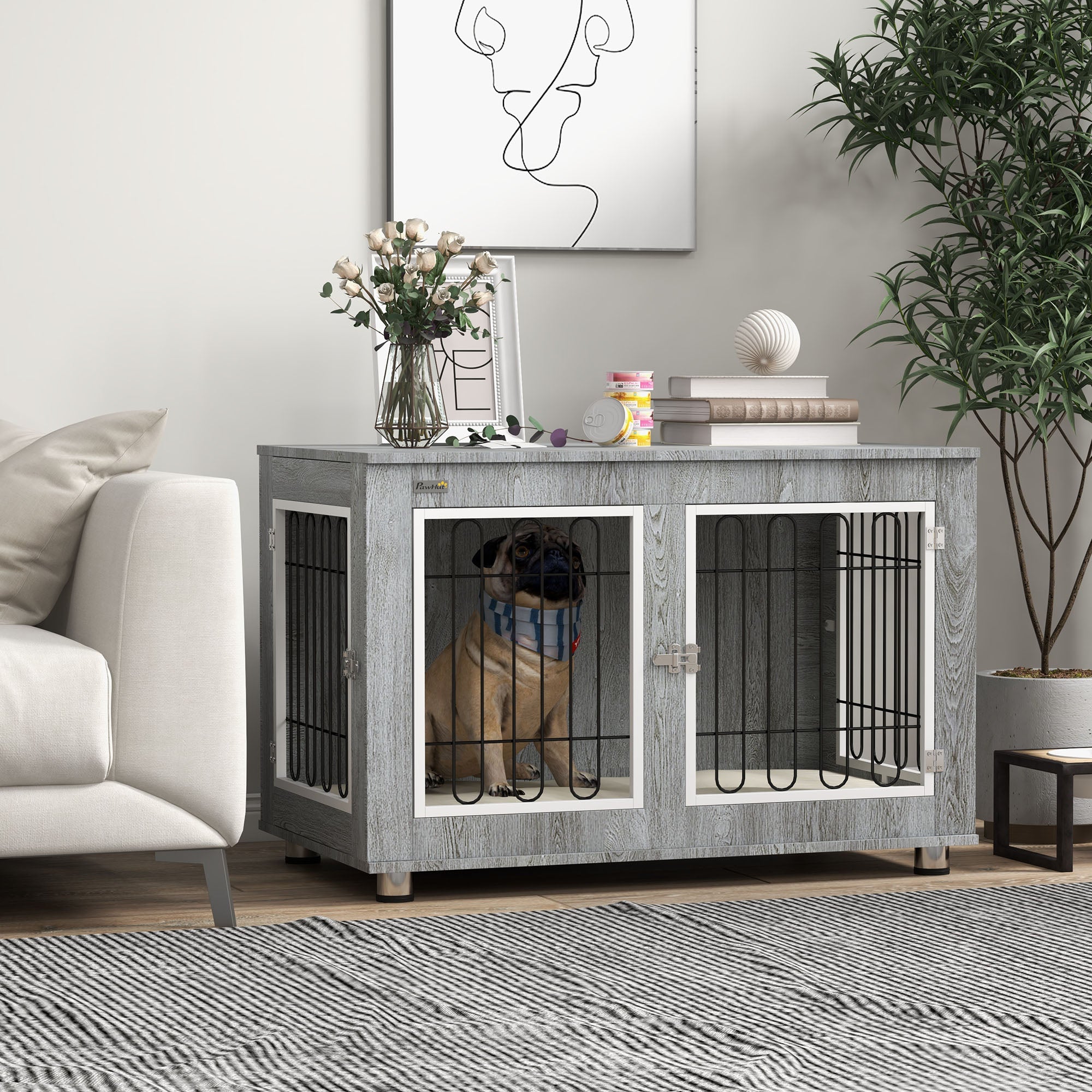 Dog Crate Furniture, Indoor Dog Kennel Side End Table with Cushion, Double Doors, for Medium and Large Breeds, 90 x 58 x 65 cm, Grey