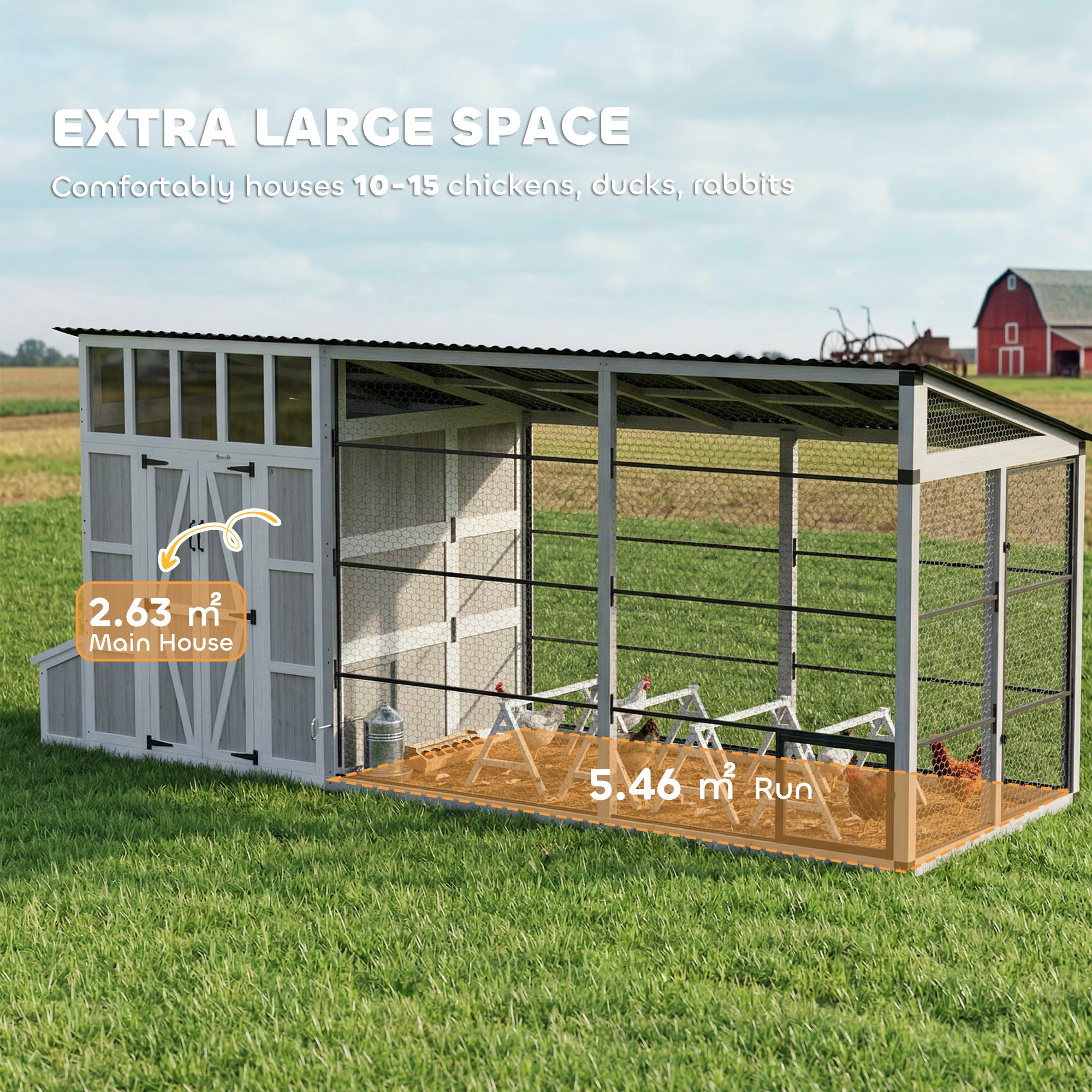 212"L Large Chicken Coop for 10-15 Hens, Walk-in Outdoor Chicken House with Run, Nesting Box, Waterproof Roof, Perches, Wooden Hen House Poultry Cage for Ducks, Rabbits, Light Gray