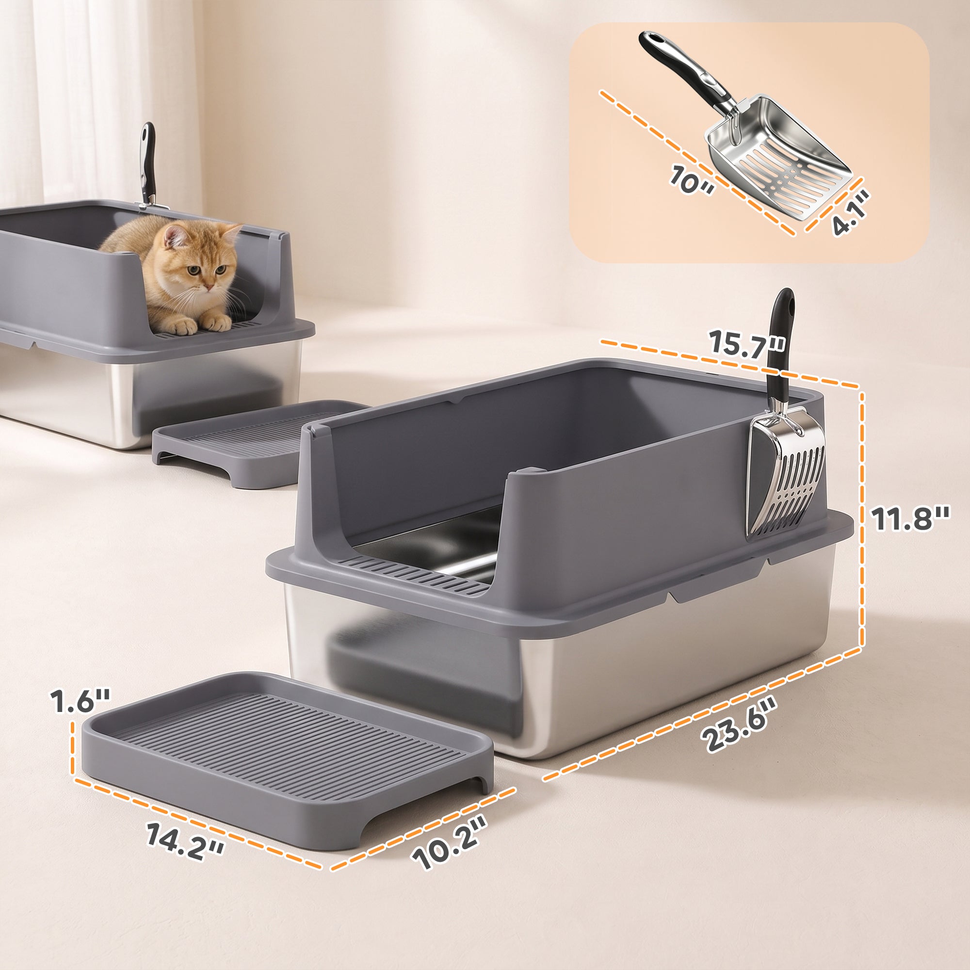 2 Pack XL Stainless Steel Litter Box, Extra Large Metal Cat Litter Box High Sided for Big and Multiple Cats, Semi-Enclosed with Tracking Step, Stainless Steel Scoops, Anti-Urine Leakage