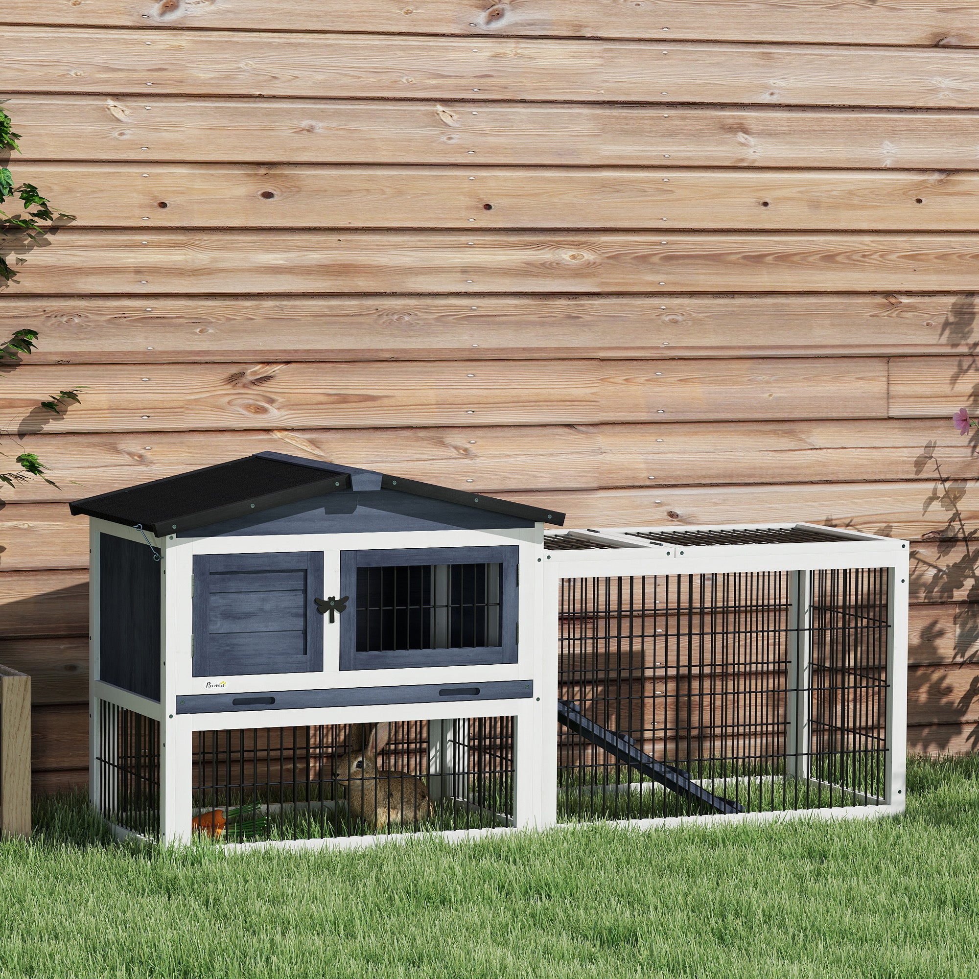 PawHut 2 Levels Outdoor Rabbit Hutch with Openable Top, 59" Wooden Large Rabbit Cage with Run Weatherproof Roof, Removable Tray, Ramp, Dark Gray