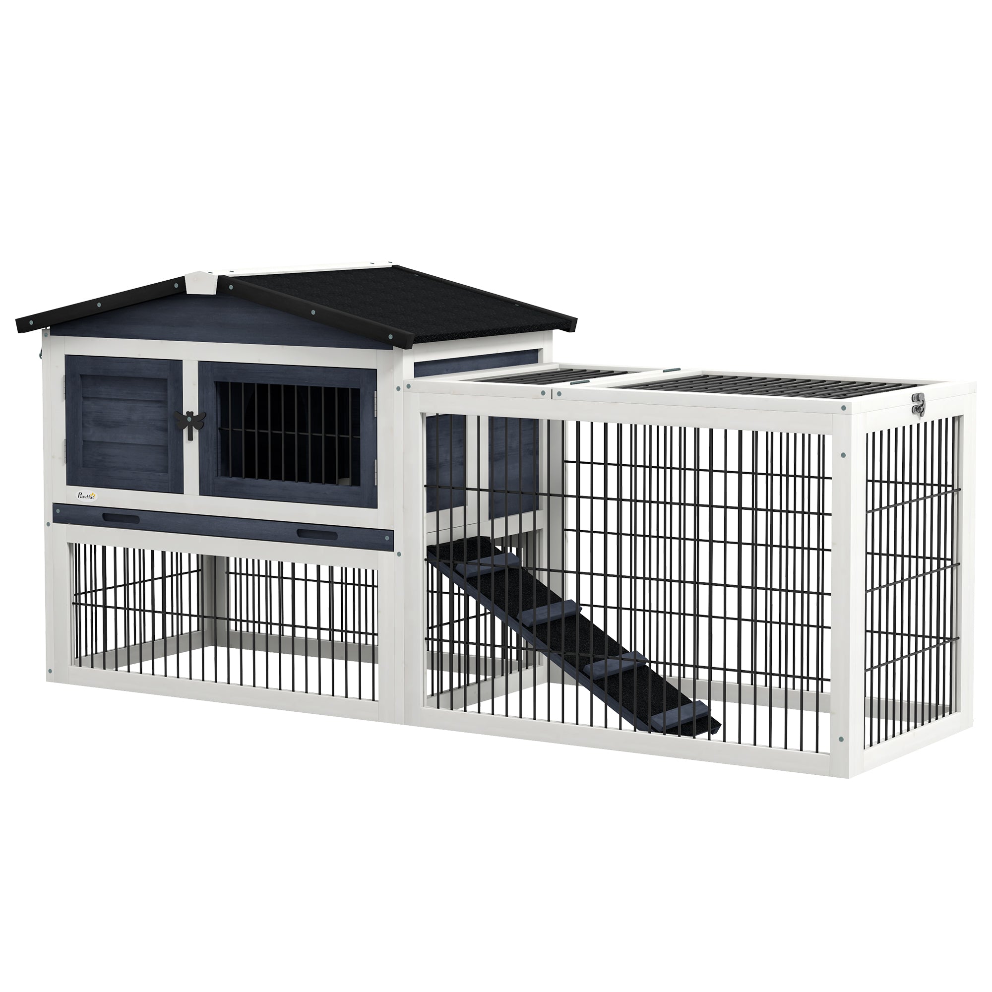 PawHut 2 Levels Outdoor Rabbit Hutch with Openable Top, 59" Wooden Large Rabbit Cage with Run Weatherproof Roof, Removable Tray, Ramp, Dark Gray