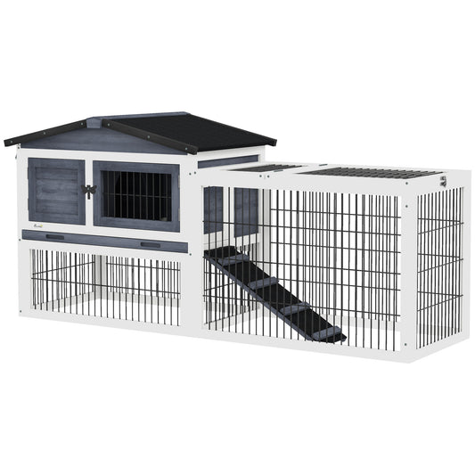 PawHut 2 Levels Outdoor Rabbit Hutch with Openable Top, 59" Wooden Large Rabbit Cage with Run Weatherproof Roof, Removable Tray, Ramp, Dark Gray