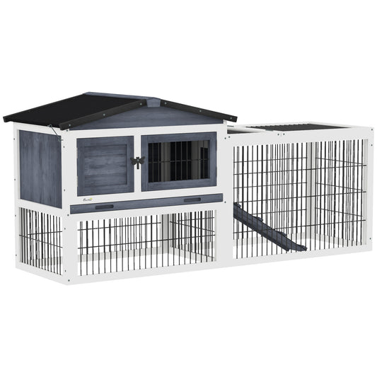 PawHut 2 Levels Outdoor Rabbit Hutch with Openable Top, 59" Wooden Large Rabbit Cage with Run Weatherproof Roof, Removable Tray, Ramp, Dark Gray