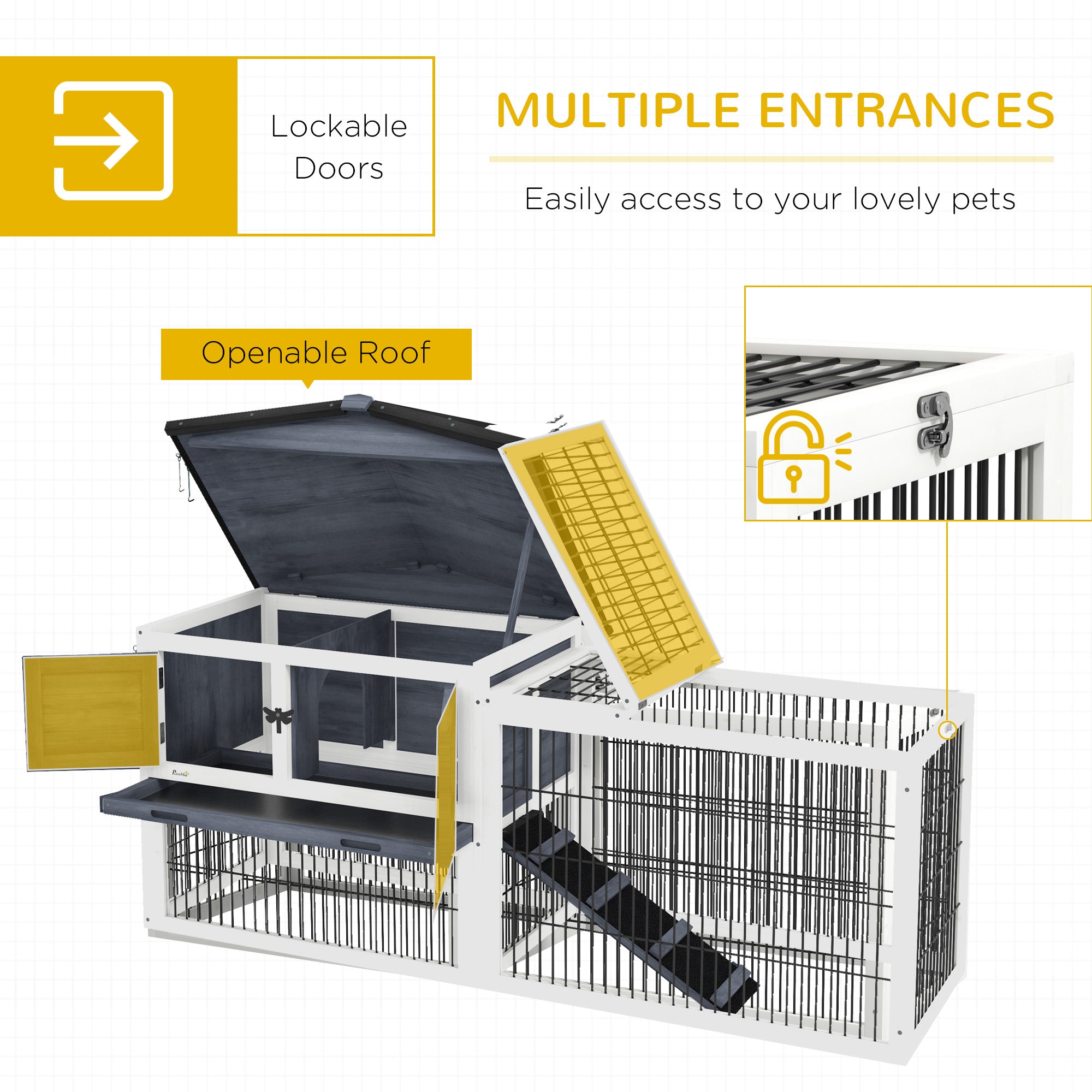 PawHut 2 Levels Outdoor Rabbit Hutch with Openable Top, 59" Wooden Large Rabbit Cage with Run Weatherproof Roof, Removable Tray, Ramp, Dark Gray