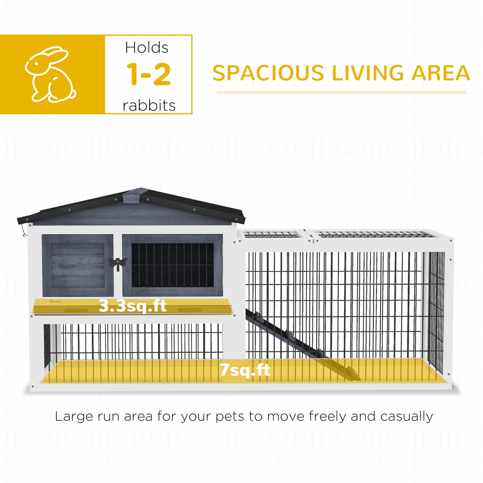 PawHut 2 Levels Outdoor Rabbit Hutch with Openable Top, 59" Wooden Large Rabbit Cage with Run Weatherproof Roof, Removable Tray, Ramp, Dark Gray