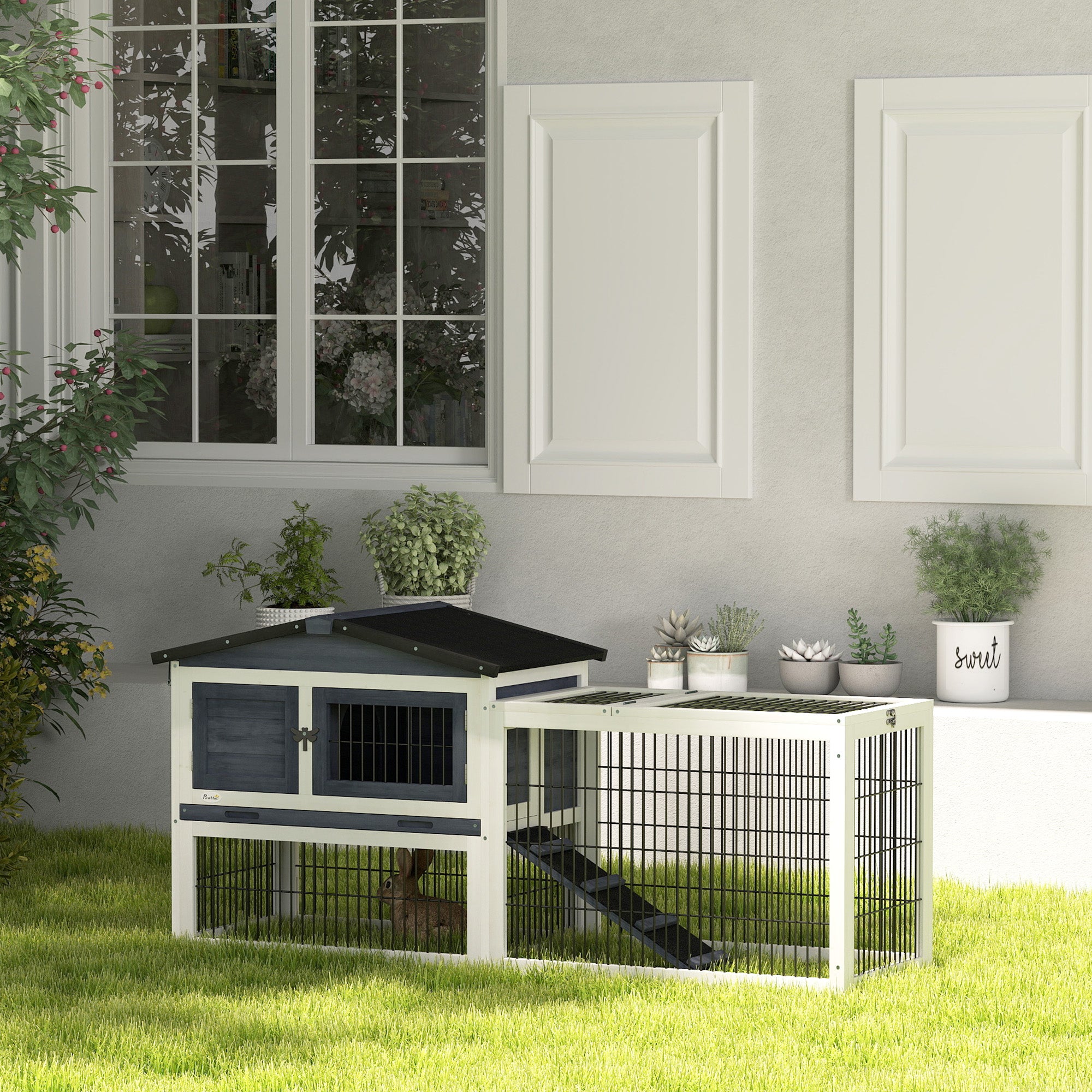 PawHut 2 Levels Outdoor Rabbit Hutch with Openable Top, 59" Wooden Large Rabbit Cage with Run Weatherproof Roof, Removable Tray, Ramp, Dark Gray