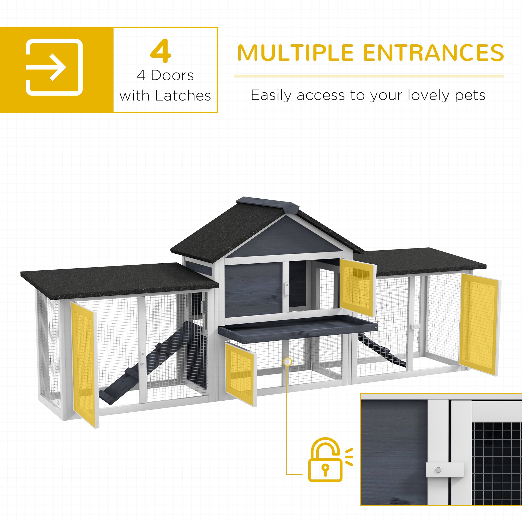 PawHut 83" L Outdoor Rabbit Hutch with Double Runs, Large Guinea Pig Cage Indoor, Wooden Bunny Hutch with Weatherproof Roof, Removable Tray, Ramps, Dark Gray