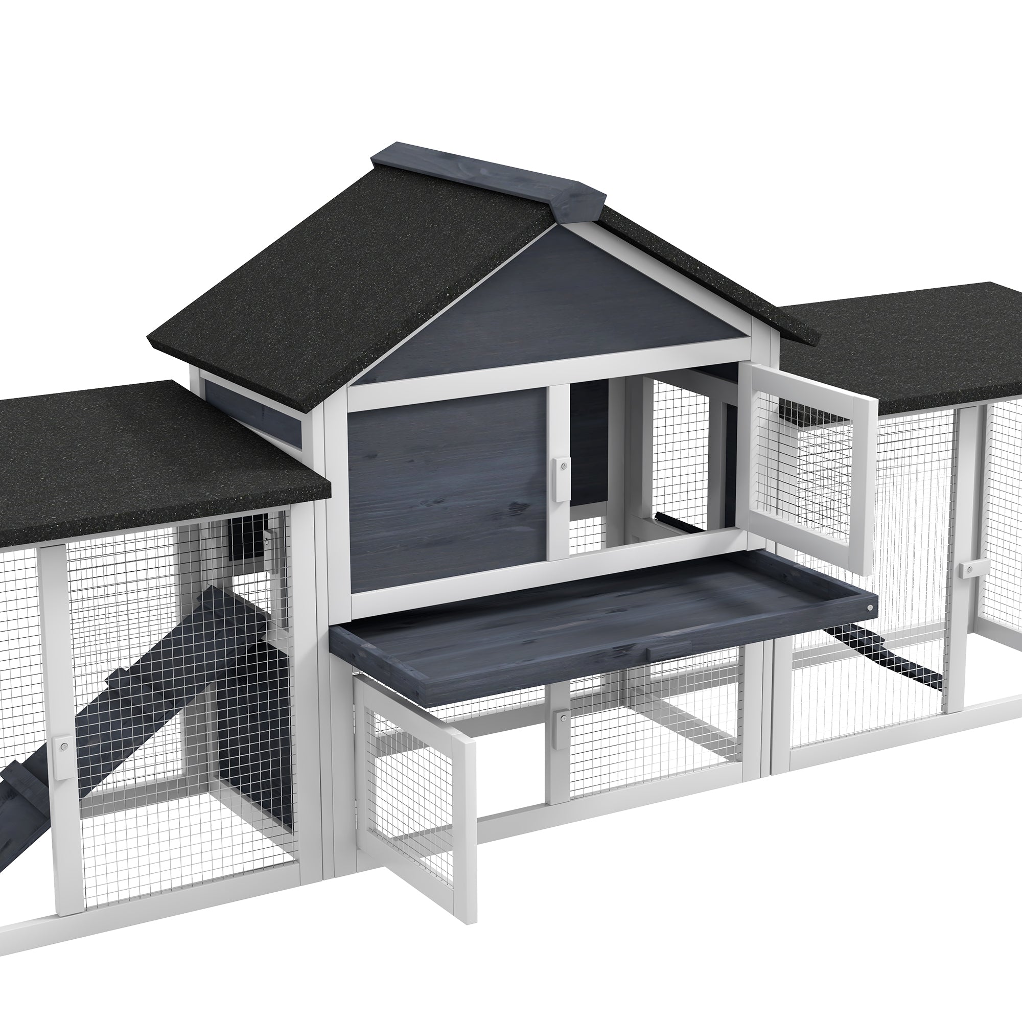 PawHut 83" L Outdoor Rabbit Hutch with Double Runs, Large Guinea Pig Cage Indoor, Wooden Bunny Hutch with Weatherproof Roof, Removable Tray, Ramps, Dark Gray