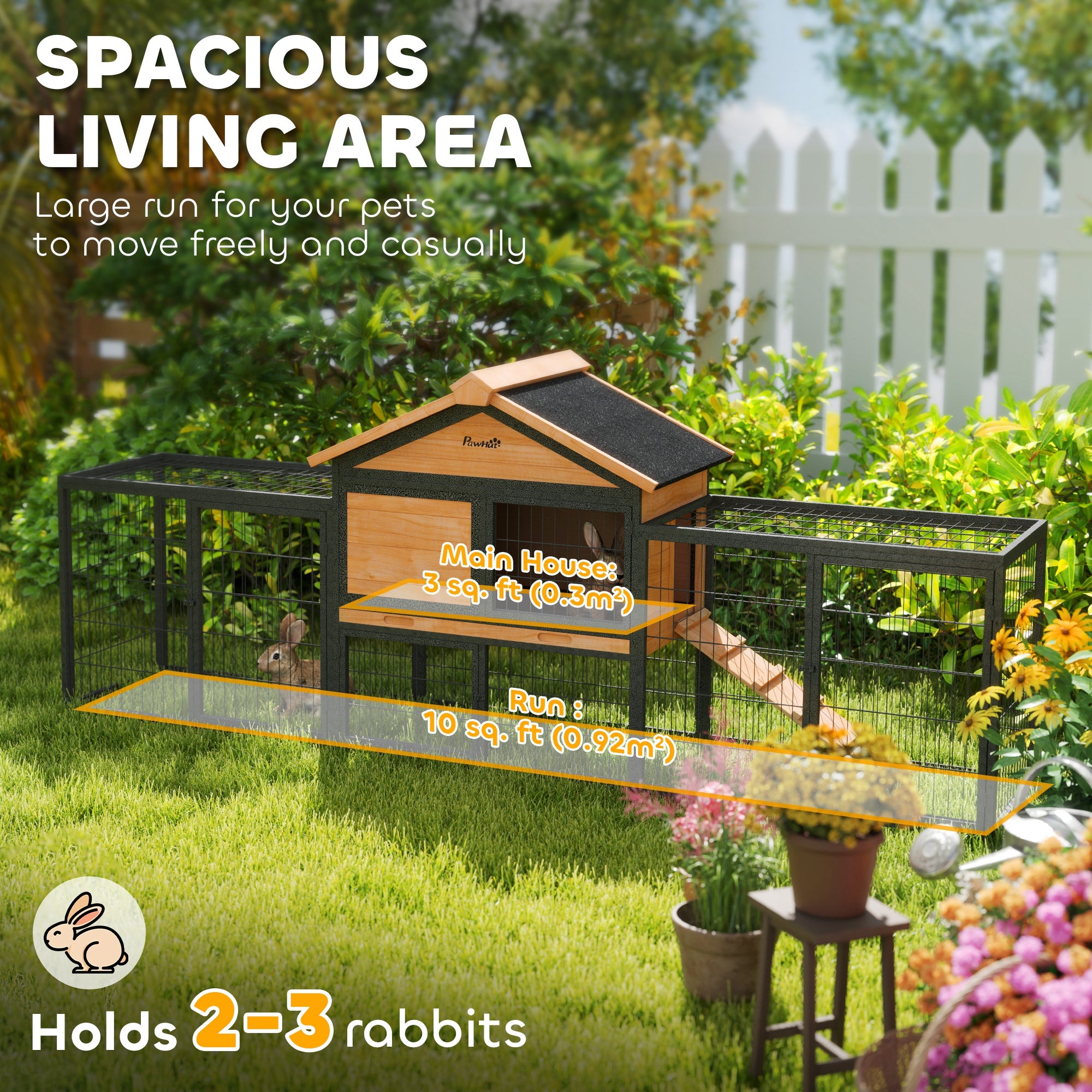 Rabbit Hutch Outdoor, 85"L Large Wooden Bunny Cage with Run Box, Removable Plastic Tray, Asphalt Roof, Ramp, Guinea Pig Cage for 2-3 Small Animals Backyard Garden, Yellow