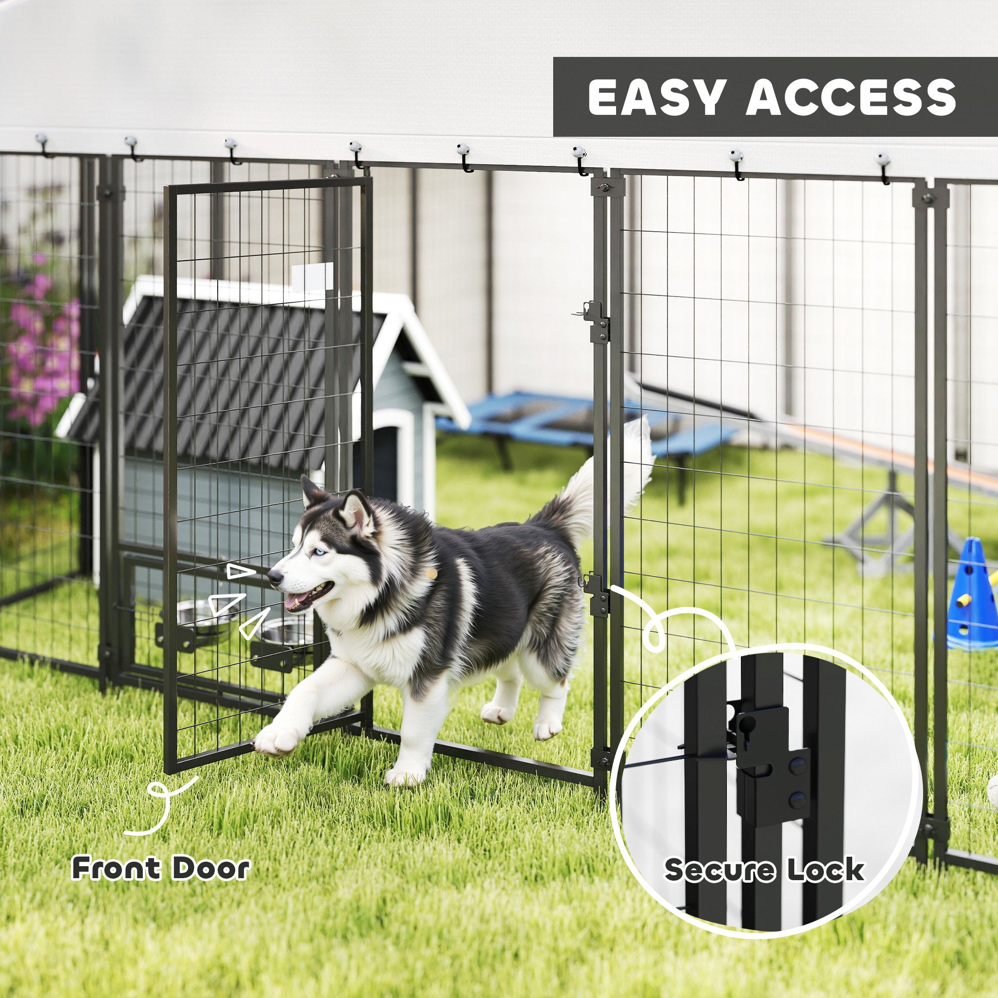 9.8' x 9.8' x 6' Outdoor Dog Kennel, Welded Wire Dog Kennel Outside Run with 360° Rotating Bowls, Waterproof & UV Resistant Cover, for S&M&L Breeds, Chickens, Ducks, Sliver