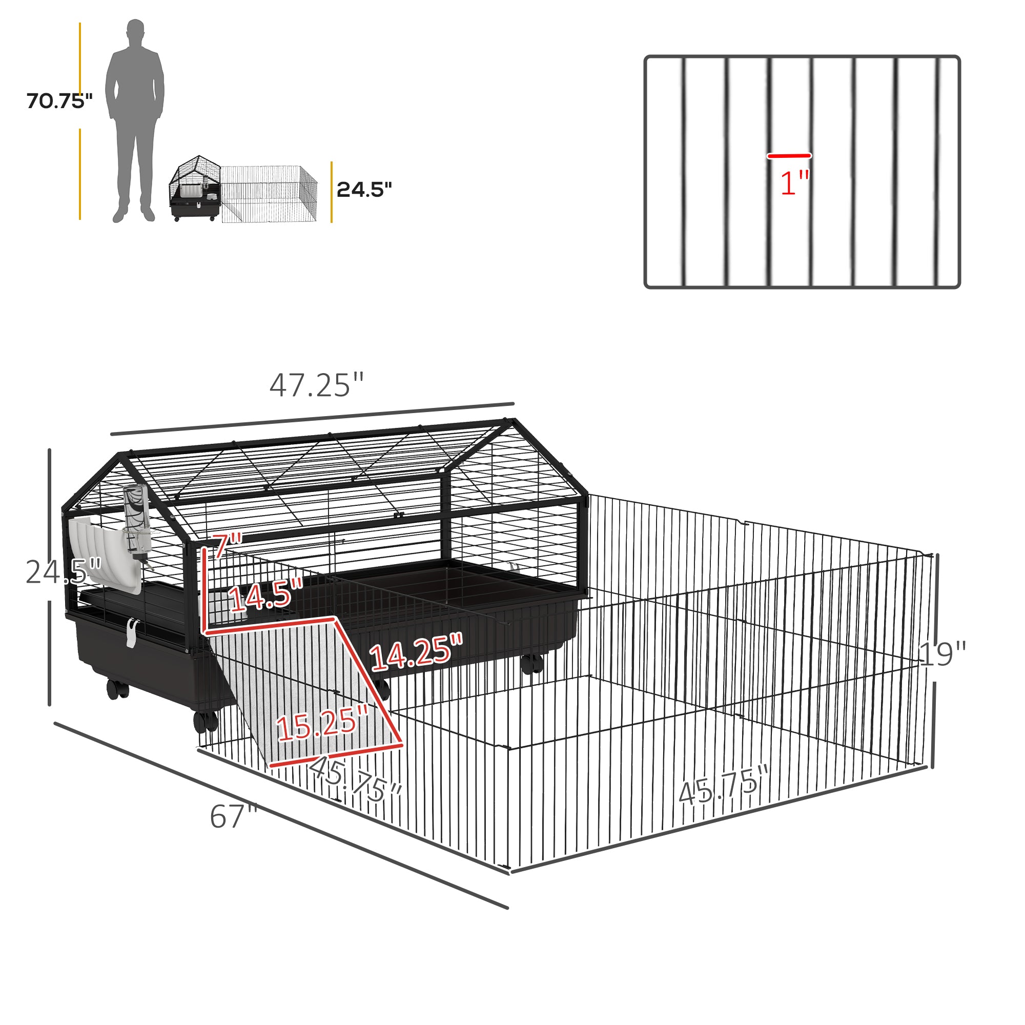 PawHut Small Animal Cage with Foldable Run Area, Rolling Bunny Cage, Guinea Pig Cage, Hedgehog Cage with Water Bottle, Water Bowl, and Ramps, 46.5"