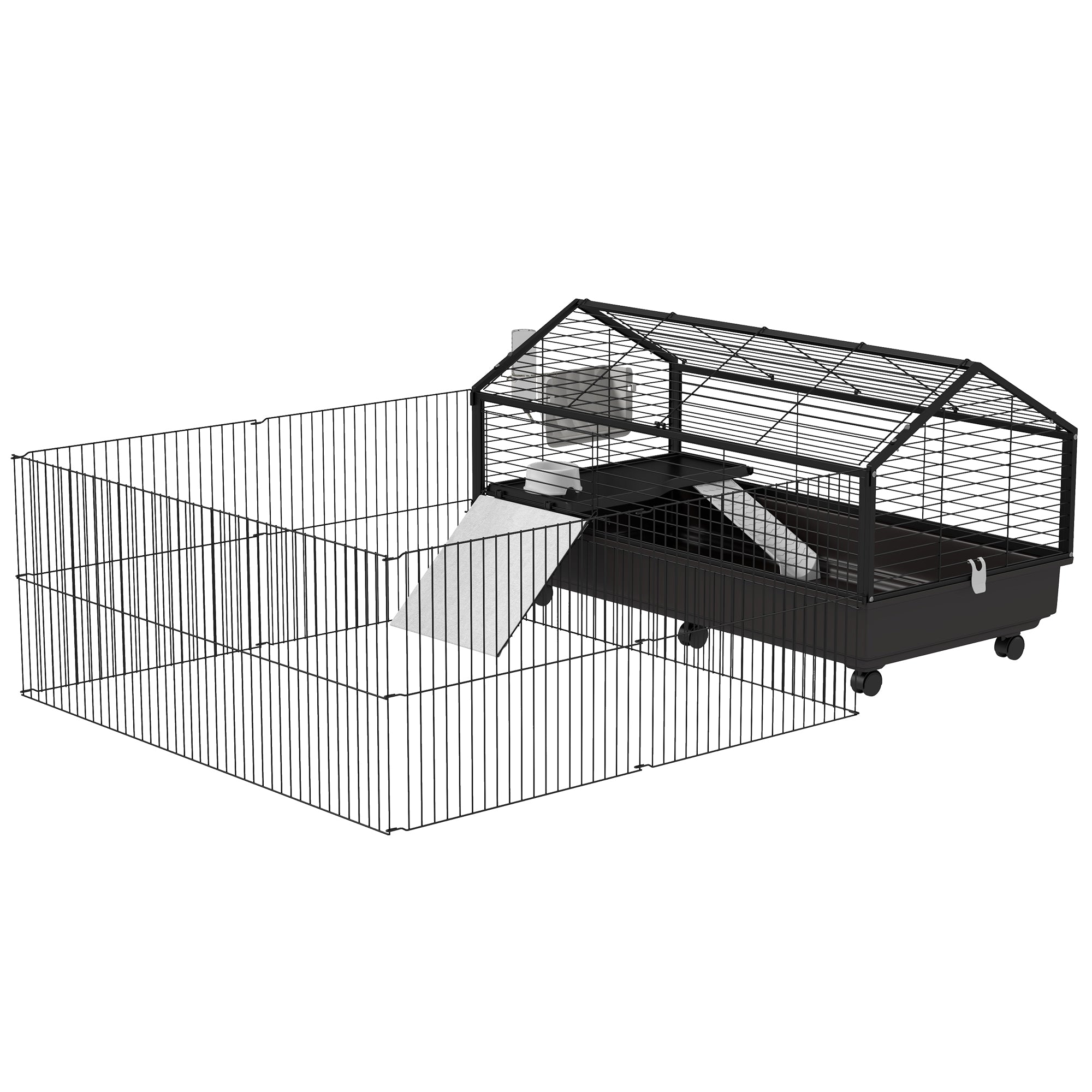 PawHut Small Animal Cage with Foldable Run Area, Rolling Bunny Cage, Guinea Pig Cage, Hedgehog Cage with Water Bottle, Water Bowl, and Ramps, 46.5"