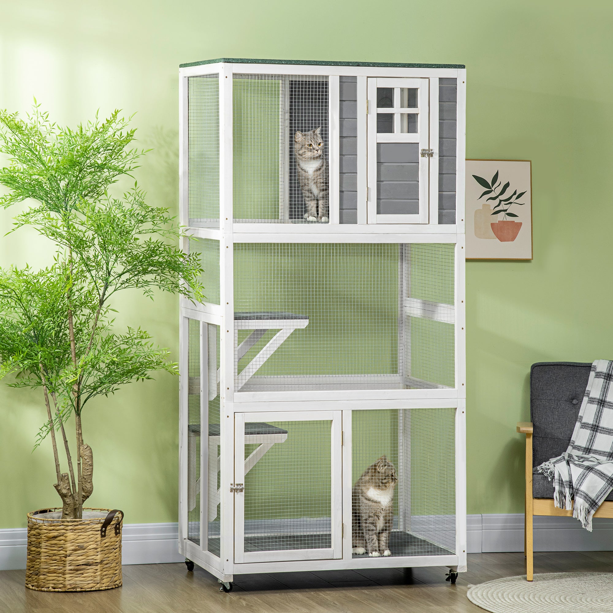 PawHut 74" Wooden Catio Outdoor Cat House Weatherproof & Wheeled, Outside Cat Enclosure with High Weight Capacity, Kitten Cage Condo, Dark Gray