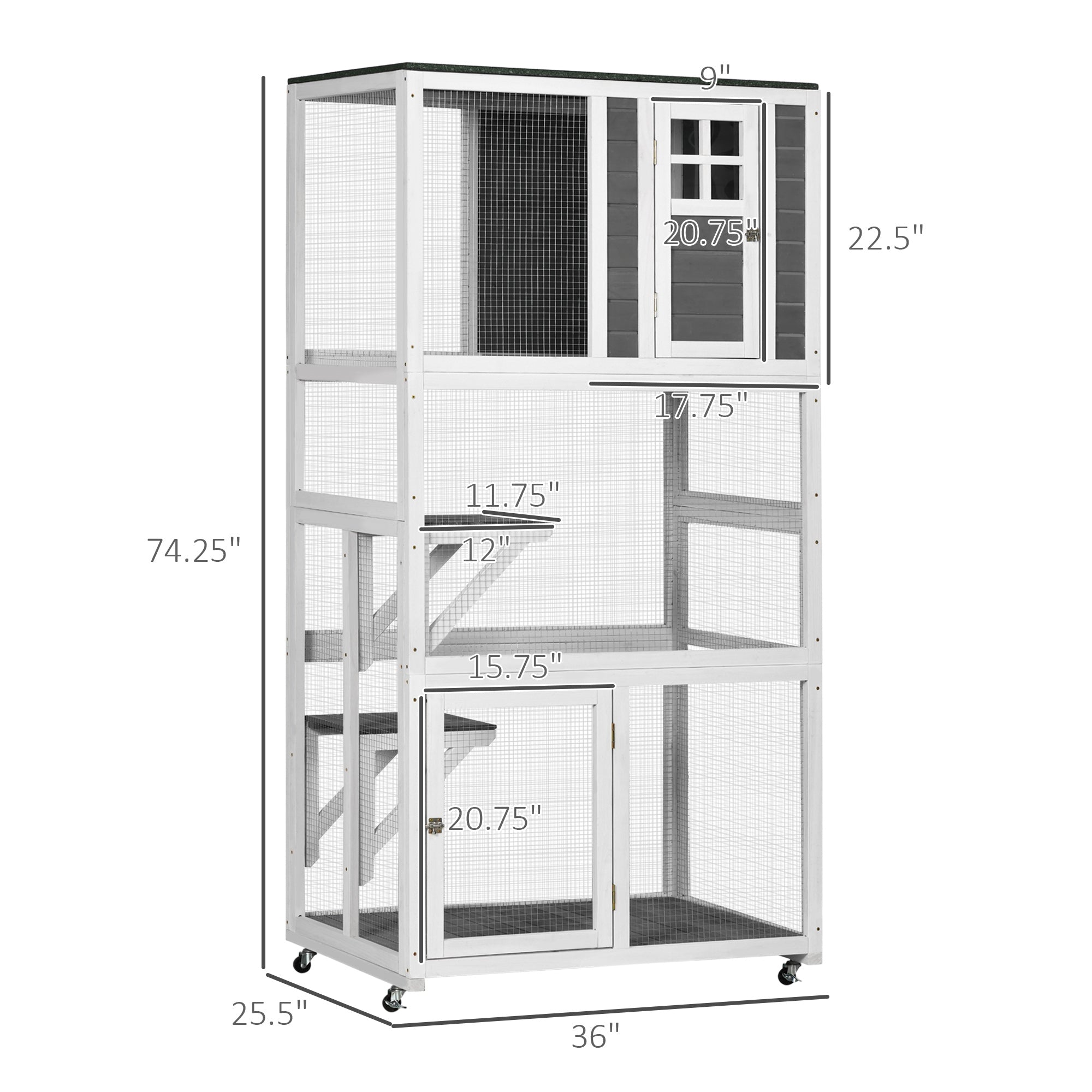PawHut 74" Wooden Catio Outdoor Cat House Weatherproof & Wheeled, Outside Cat Enclosure with High Weight Capacity, Kitten Cage Condo, Dark Gray