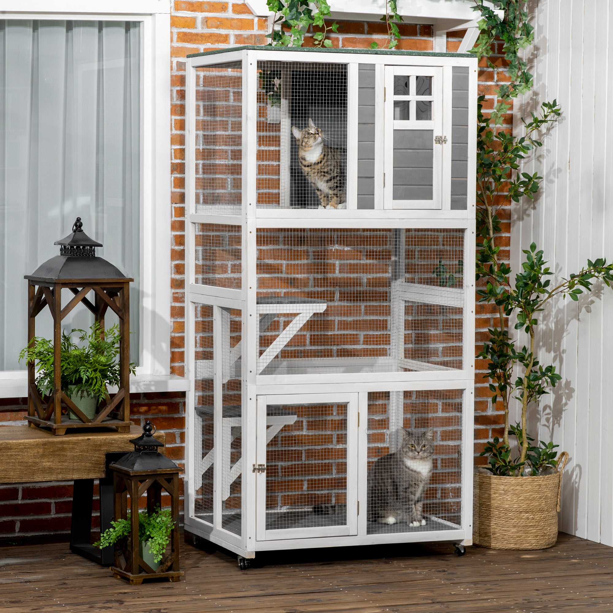 PawHut 74" Wooden Catio Outdoor Cat House Weatherproof & Wheeled, Outside Cat Enclosure with High Weight Capacity, Kitten Cage Condo, Dark Gray