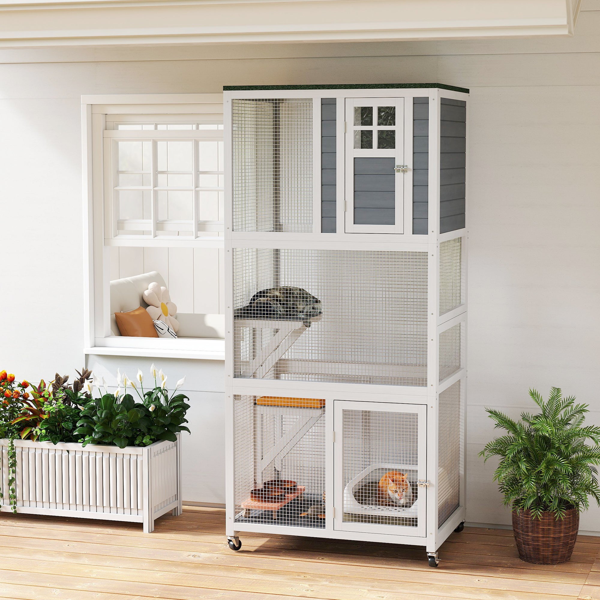 74"H Wooden Catio Cat Enclosure, Indoor Outdoor Kitten House with Weatherproof Asphalt Roof & Brake Wheels, Luxury Kitten Condo Cage for Multiple Cats, White