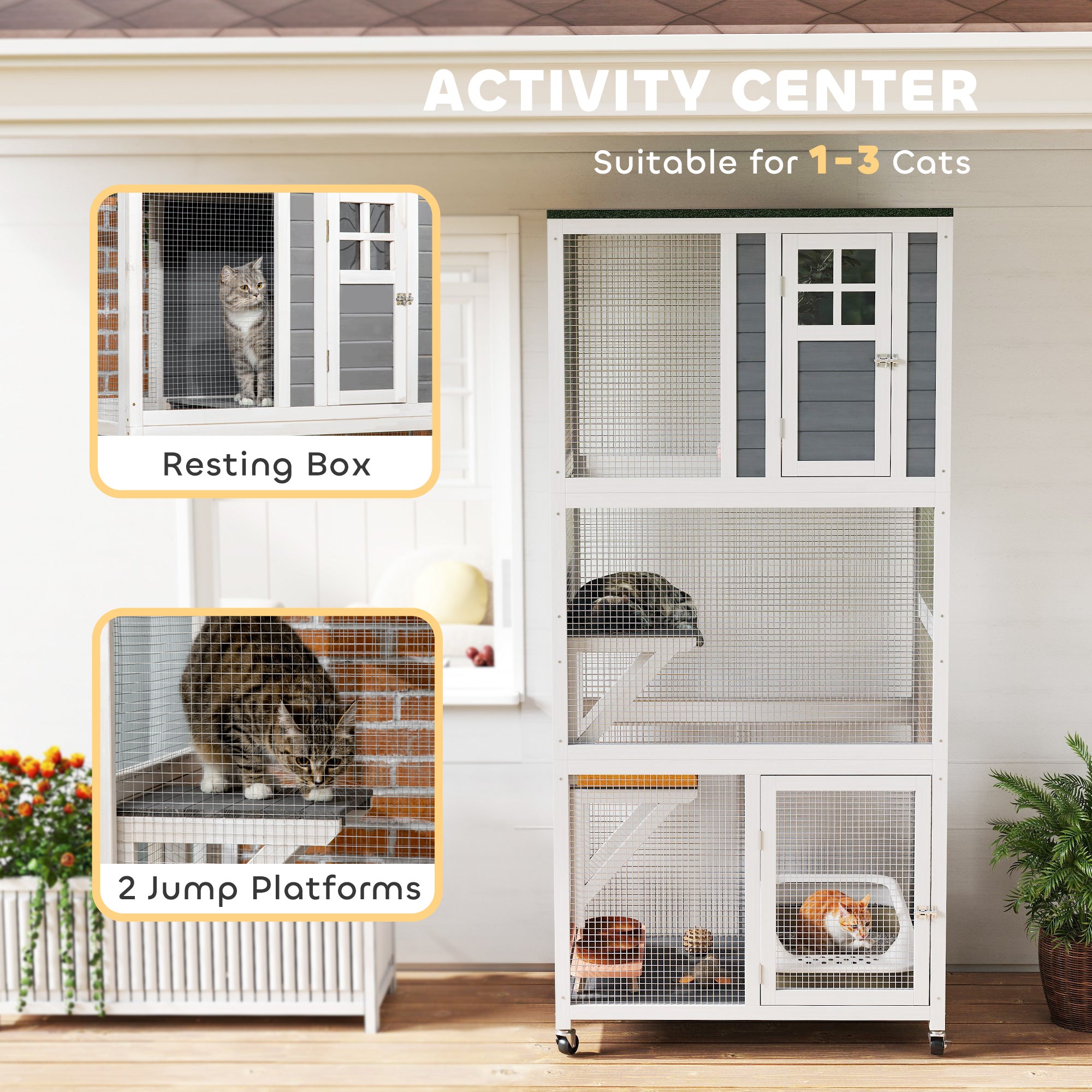 74"H Wooden Catio Cat Enclosure, Indoor Outdoor Kitten House with Weatherproof Asphalt Roof & Brake Wheels, Luxury Kitten Condo Cage for Multiple Cats, White