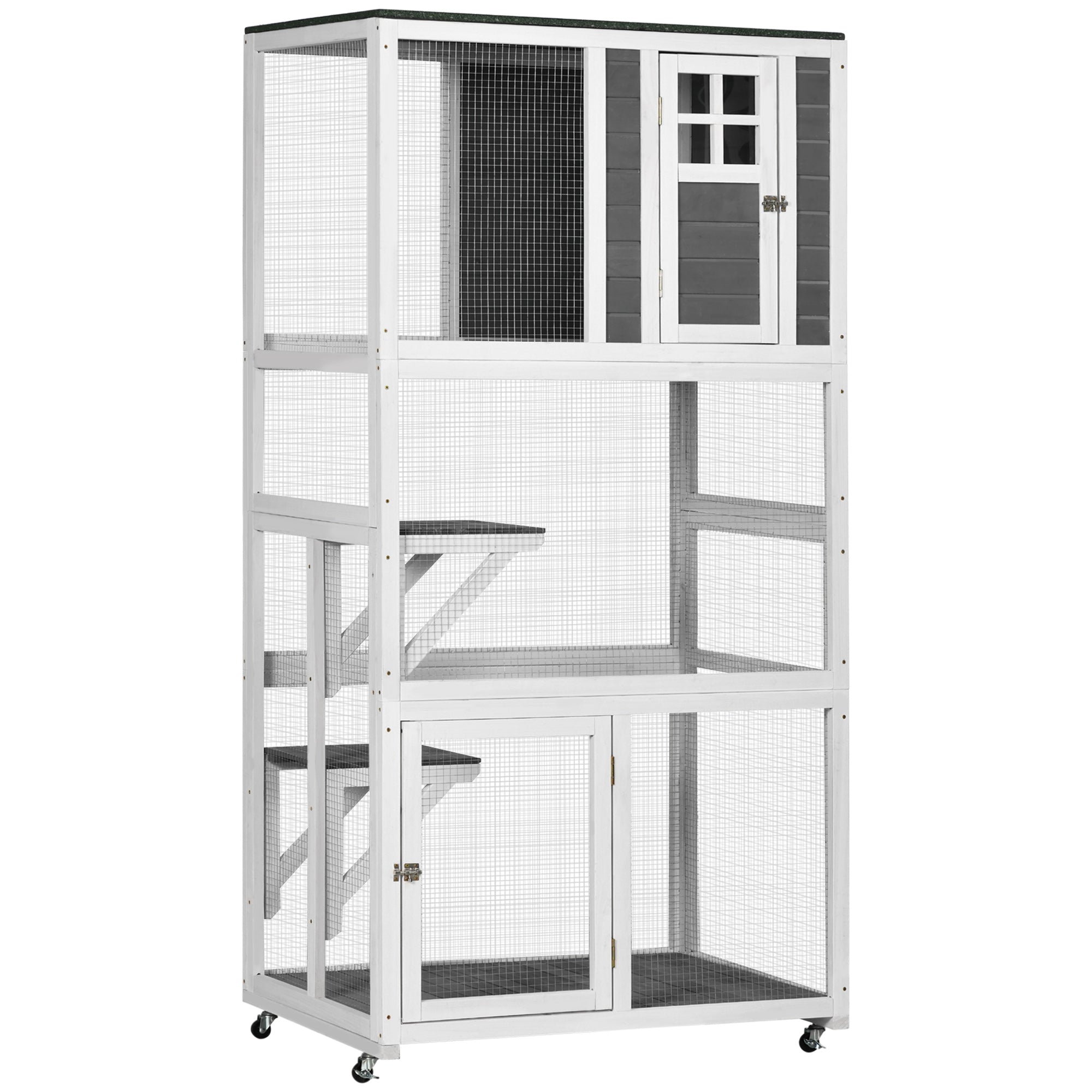 PawHut 74" Wooden Catio Outdoor Cat House Weatherproof & Wheeled, Outside Cat Enclosure with High Weight Capacity, Kitten Cage Condo, Dark Gray