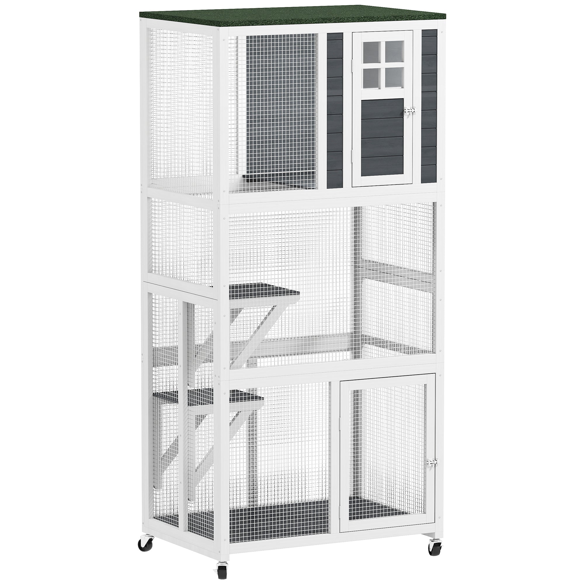 74"H Wooden Catio Cat Enclosure, Indoor Outdoor Kitten House with Weatherproof Asphalt Roof & Brake Wheels, Luxury Kitten Condo Cage for Multiple Cats, White
