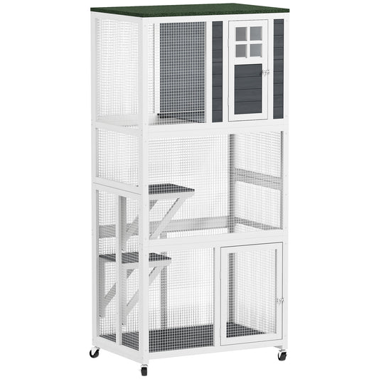 74"H Wooden Catio Cat Enclosure, Indoor Outdoor Kitten House with Weatherproof Asphalt Roof & Brake Wheels, Luxury Kitten Condo Cage for Multiple Cats, White