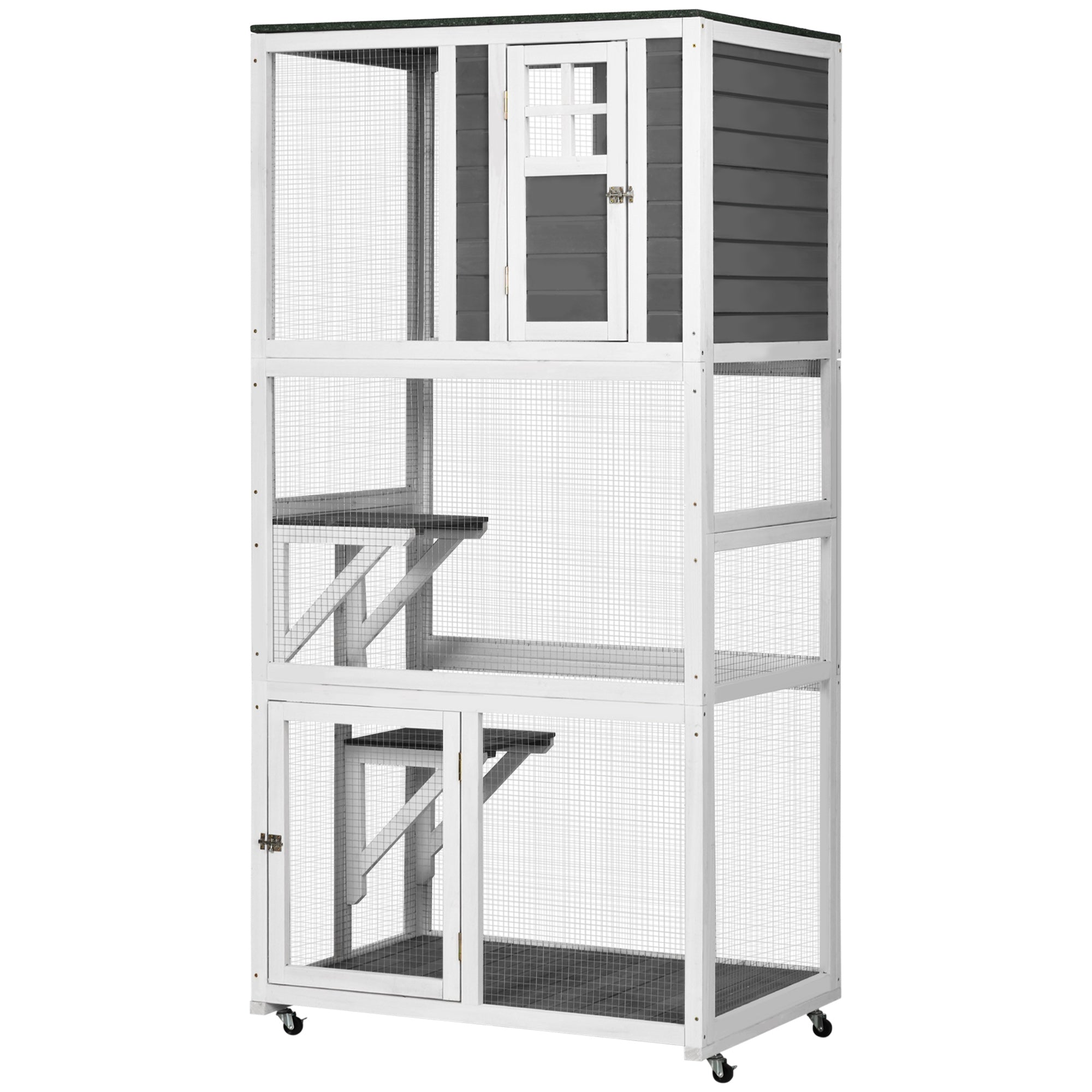 PawHut 74" Wooden Catio Outdoor Cat House Weatherproof & Wheeled, Outside Cat Enclosure with High Weight Capacity, Kitten Cage Condo, Dark Gray