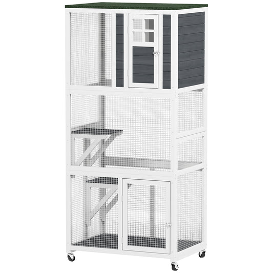 74"H Wooden Catio Cat Enclosure, Indoor Outdoor Kitten House with Weatherproof Asphalt Roof & Brake Wheels, Luxury Kitten Condo Cage for Multiple Cats, White
