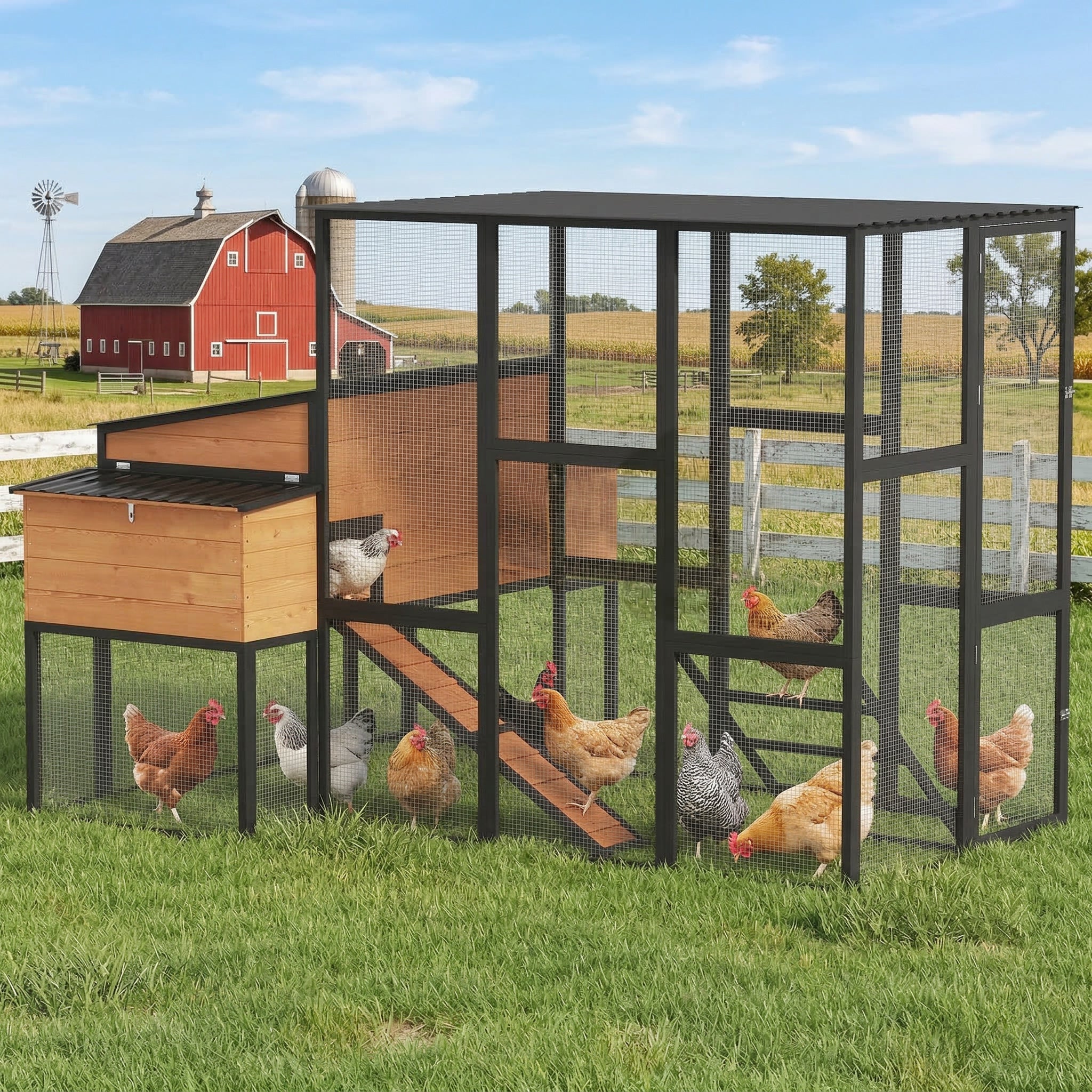 105" Large Chicken Coop, Walk-in Wooden Hen House for 7-12 Hens, Poultry Cage Chicken House with Run, 2 Nesting Boxes, Roosting Bars, Waterproof Roof and Ramp, Yellow