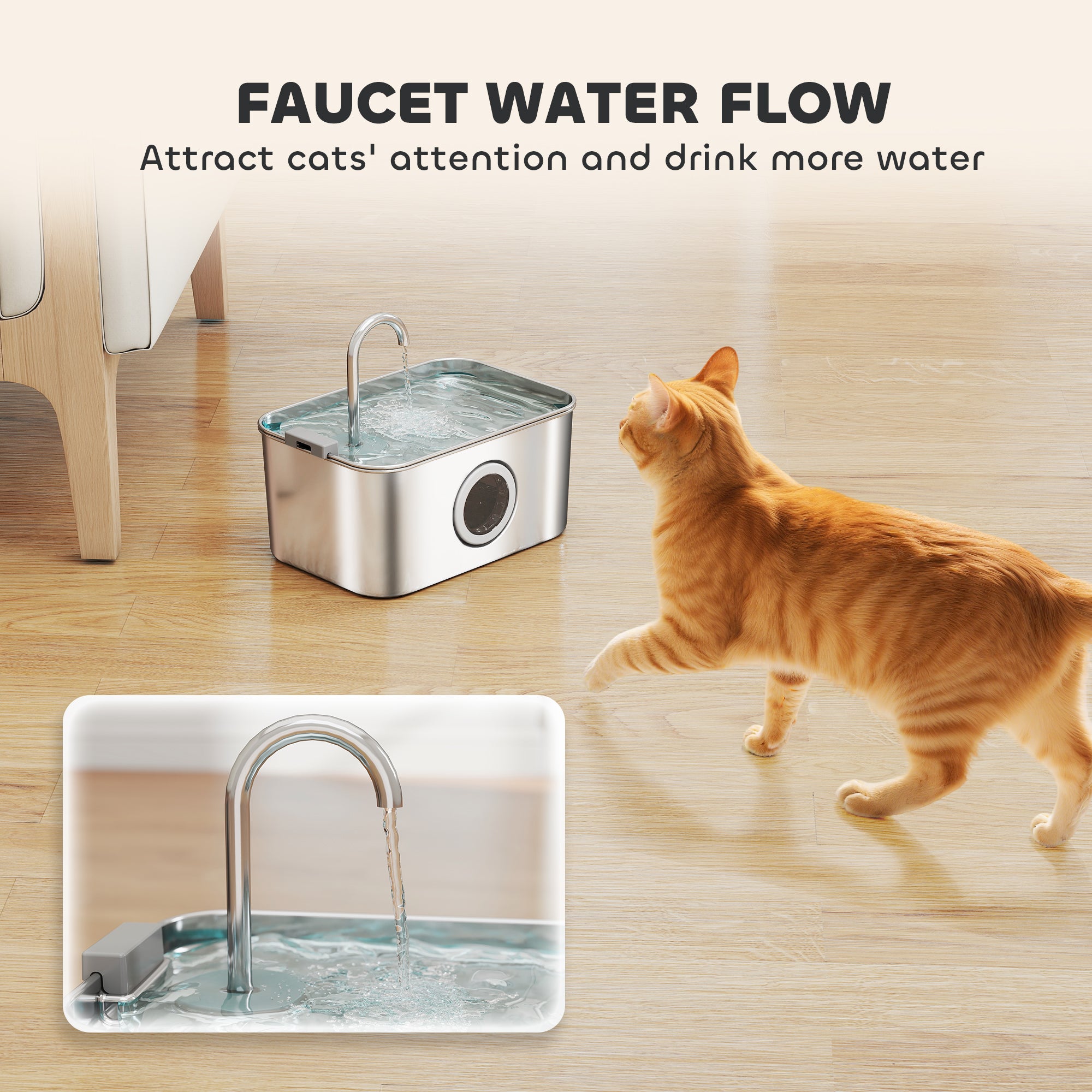 Cat Water Fountain for Drinking, 3.2L Stainless Steel Cat Fountain, Ultra-Silent, Automatic, Visible Water-Level, for Kittens, Dogs and Other Pets