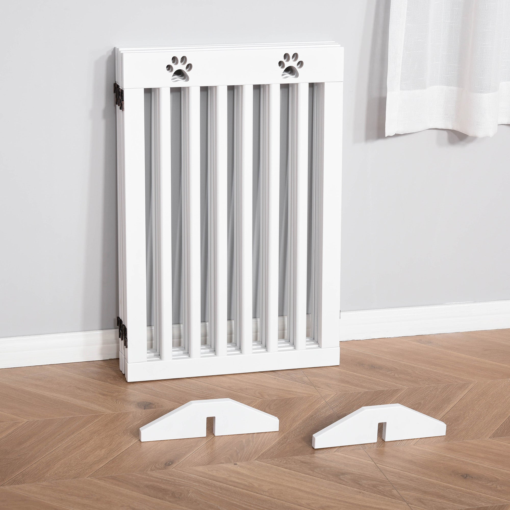 Freestanding Pet Gate 4 Panel Dog Barrier Folding Safety Fence with Support Feet up to 80.25" Long 29.5" Tall for Doorway Stairs Black White