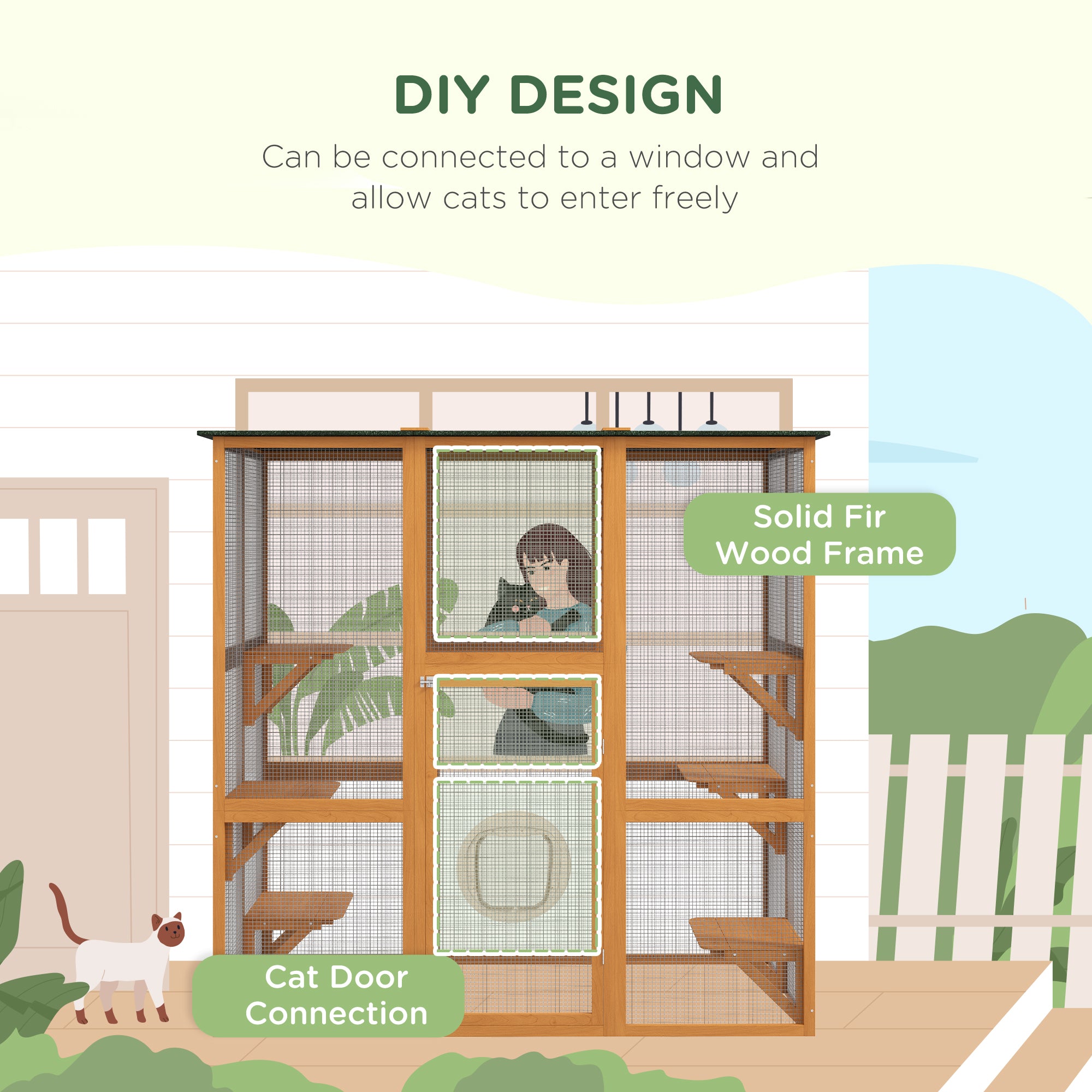 Large Outdoor Catio Enclosure, Weatherproof Cat House with Asphalt Roof,  Wooden Cat Patio Cage with 6 Balanced Platforms, 71" x 39" x 71", Orange