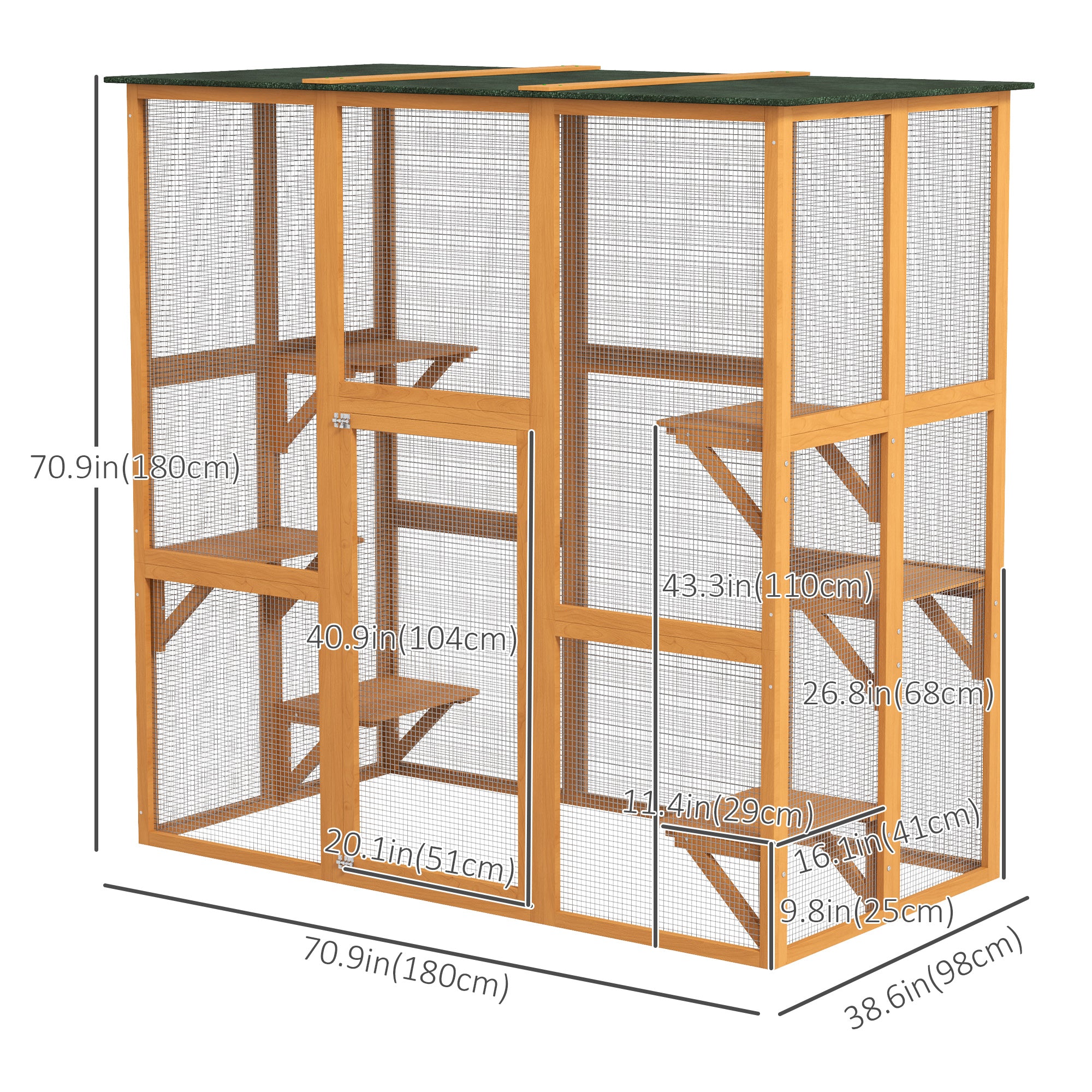 Large Outdoor Catio Enclosure, Weatherproof Cat House with Asphalt Roof,  Wooden Cat Patio Cage with 6 Balanced Platforms, 71" x 39" x 71", Orange