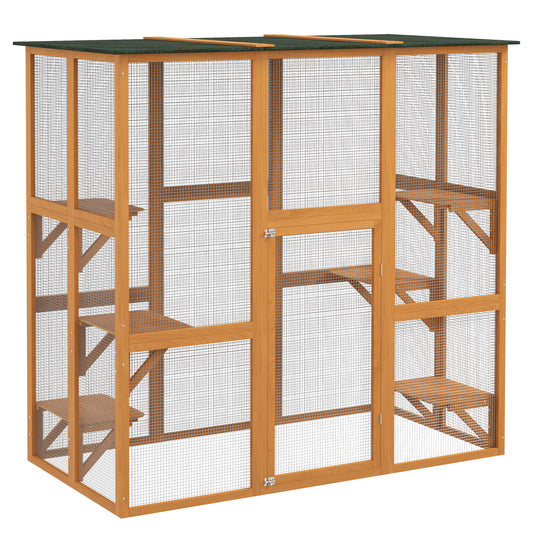 Large Outdoor Catio Enclosure, Weatherproof Cat House with Asphalt Roof,  Wooden Cat Patio Cage with 6 Balanced Platforms, 71" x 39" x 71", Orange