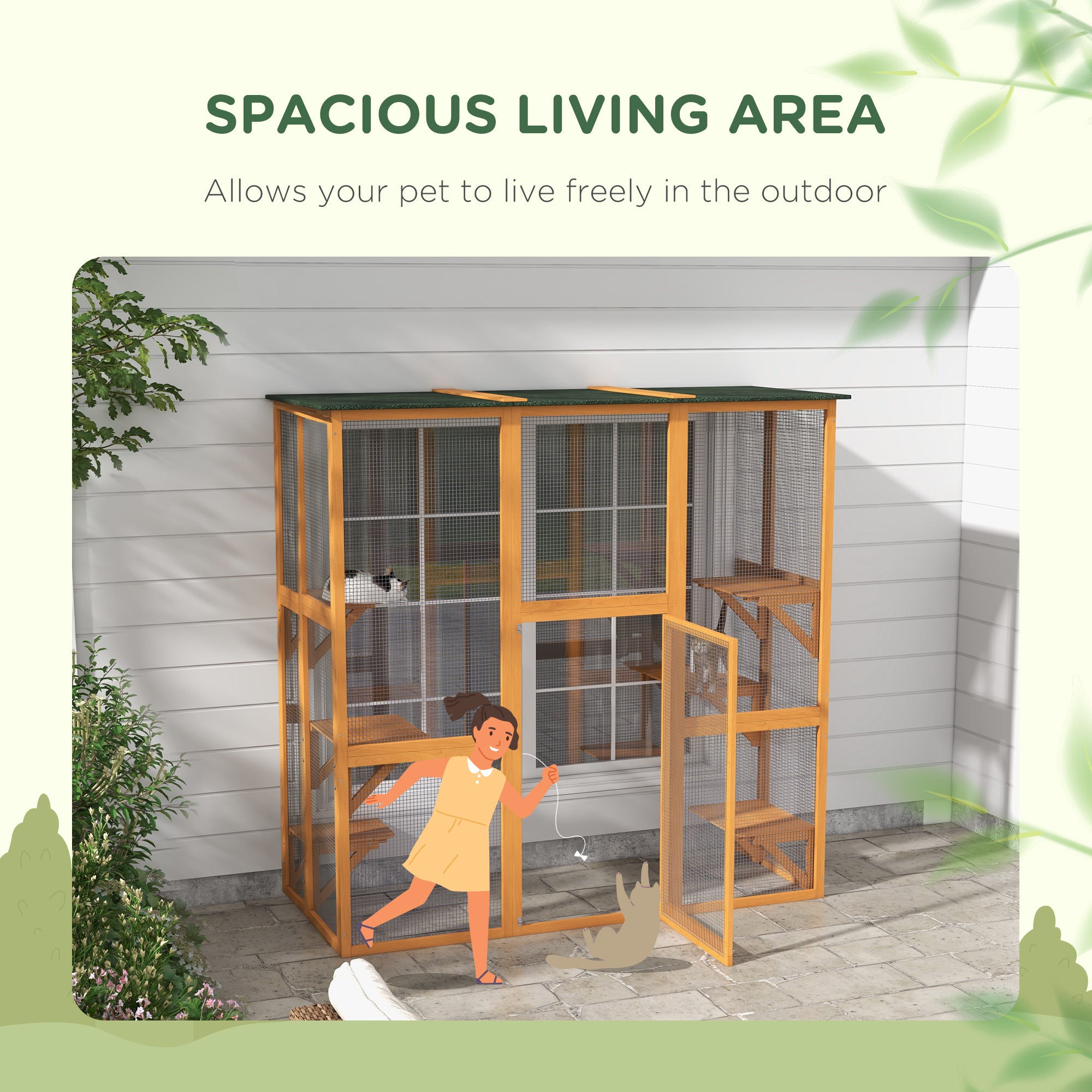 Large Outdoor Catio Enclosure, Weatherproof Cat House with Asphalt Roof,  Wooden Cat Patio Cage with 6 Balanced Platforms, 71" x 39" x 71", Orange