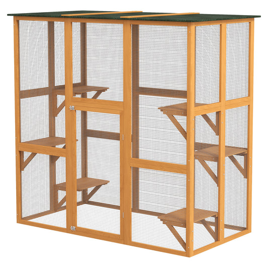 Large Outdoor Catio Enclosure, Weatherproof Cat House with Asphalt Roof,  Wooden Cat Patio Cage with 6 Balanced Platforms, 71" x 39" x 71", Orange