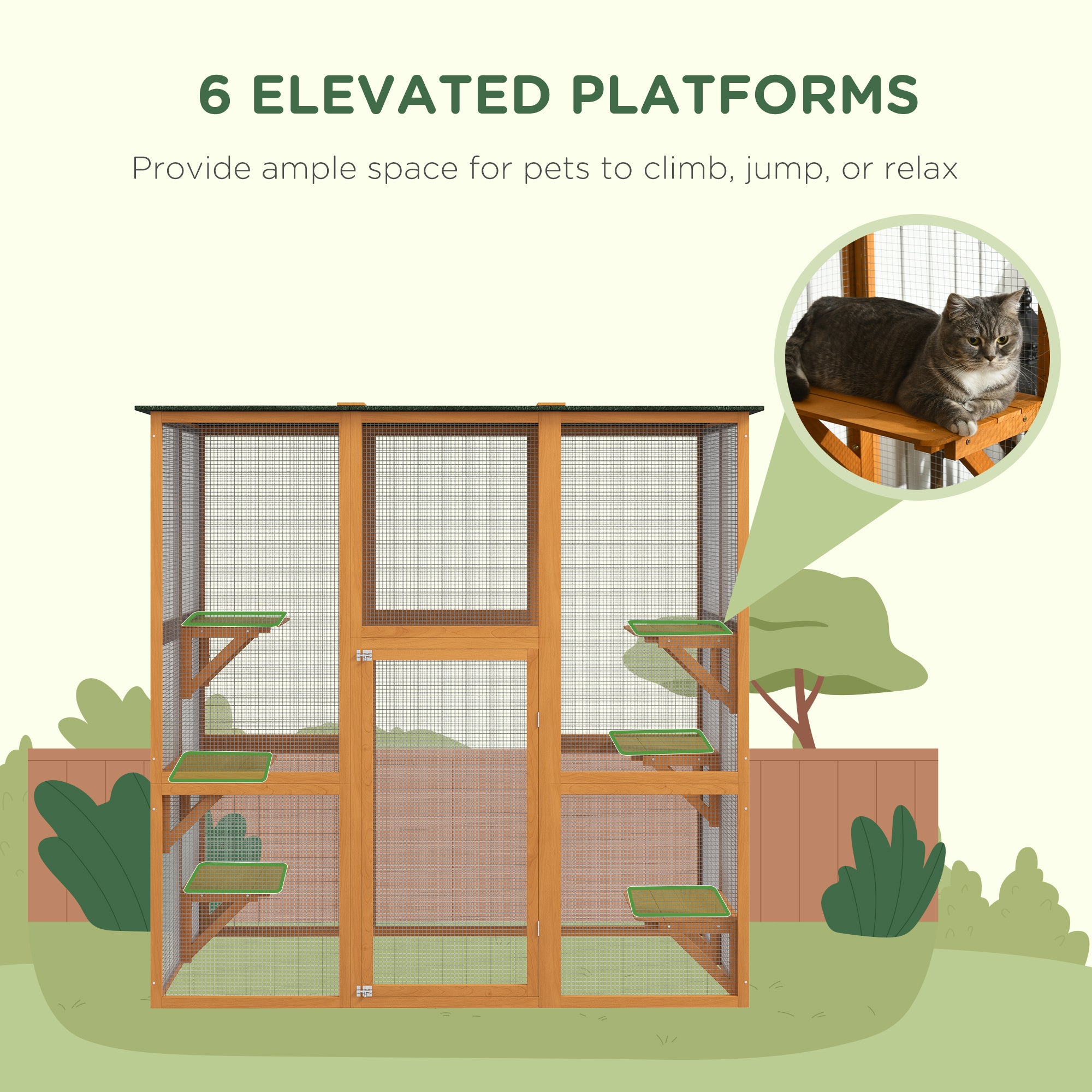 Large Outdoor Catio Enclosure, Weatherproof Cat House with Asphalt Roof,  Wooden Cat Patio Cage with 6 Balanced Platforms, 71" x 39" x 71", Orange