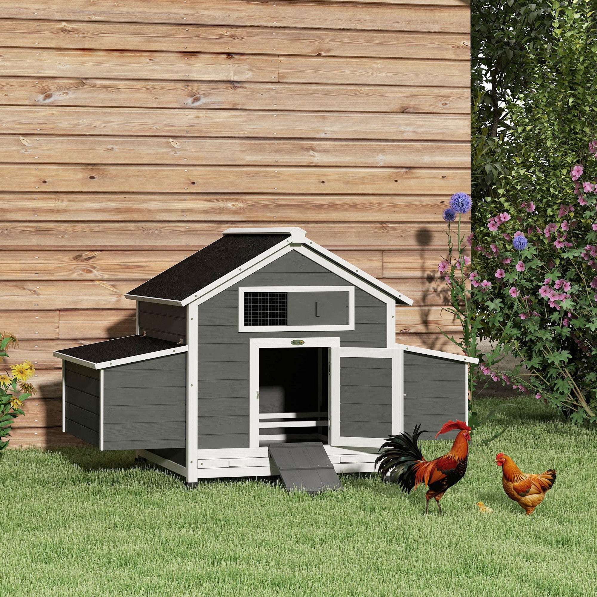 Chicken Coop, Wooden Outdoor Hen House Poultry Cage with Nesting Box, Openable Waterproof Top, Pull-Out Tray, 150 x 100 x 97cm, Grey