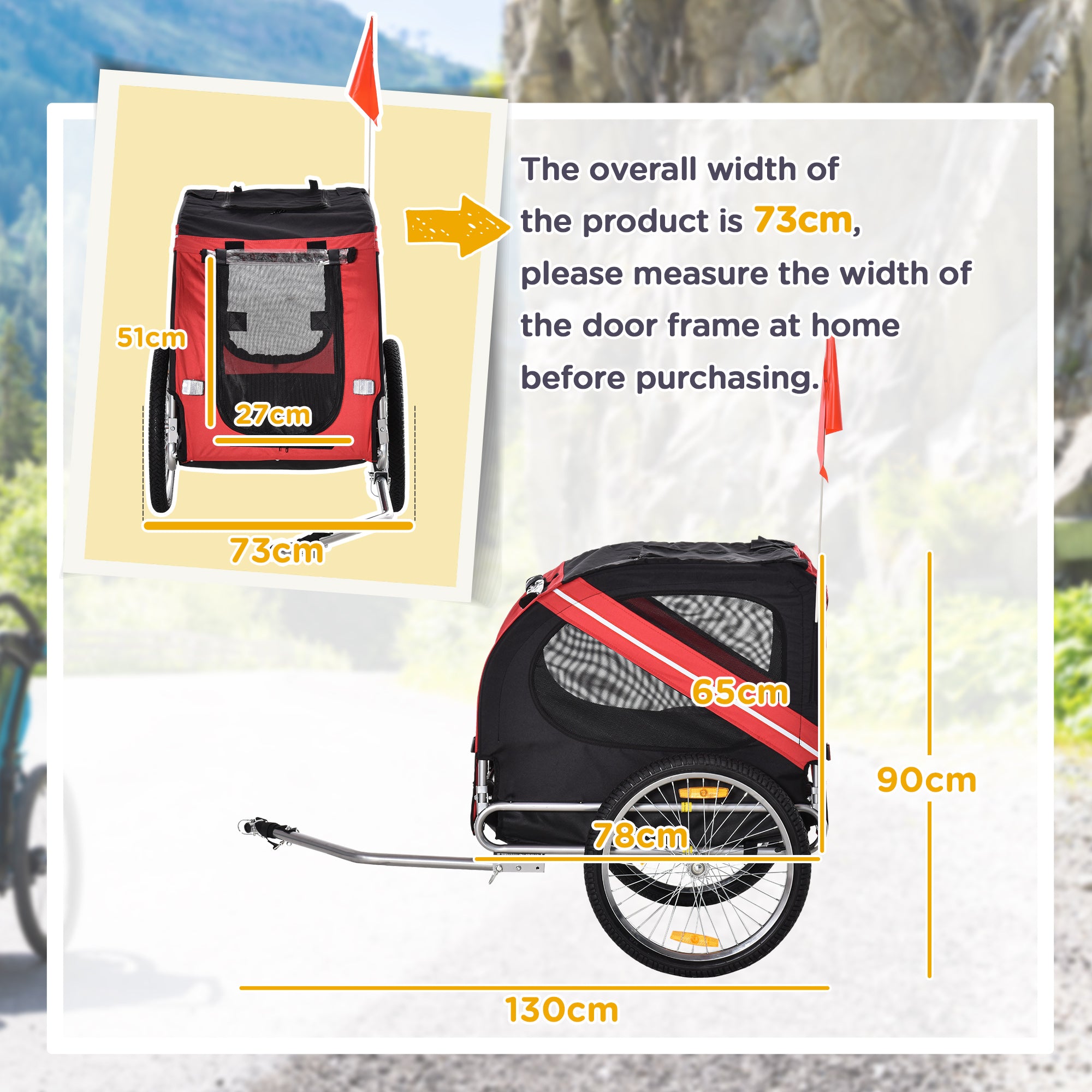 Folding Dog Bike Trailer Pet Cart Carrier for Bicycle Travel with Hitch Coupler in Steel Frame - Red & Black