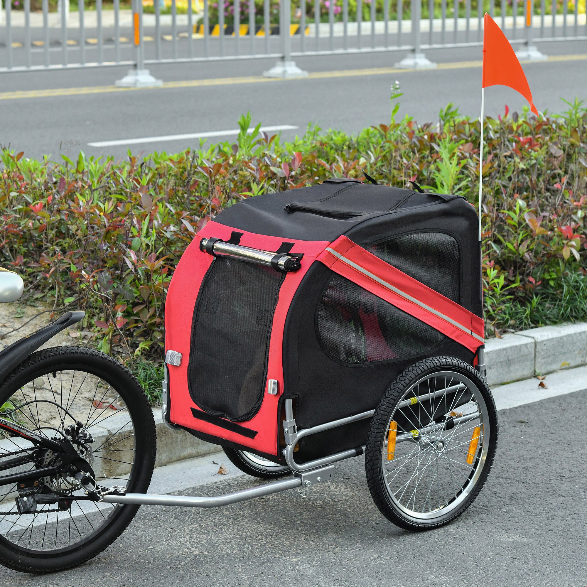 Folding Dog Bike Trailer Pet Cart Carrier for Bicycle Travel with Hitch Coupler in Steel Frame - Red & Black
