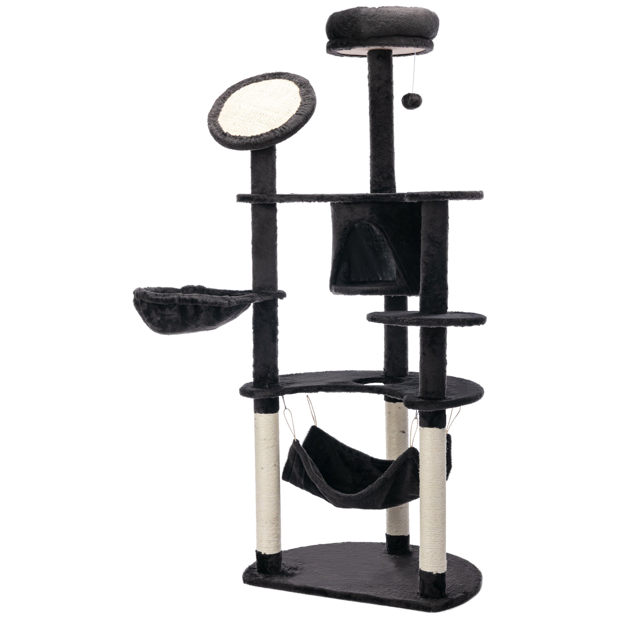 60 Inch Cat Tree for Large Cats Adult, Tall Cat Tower with Scratching Posts and 2 Hammocks, Multi-Level Plush Kitten Condo for Indoor Cats with Dangling Balls, Dark Grey