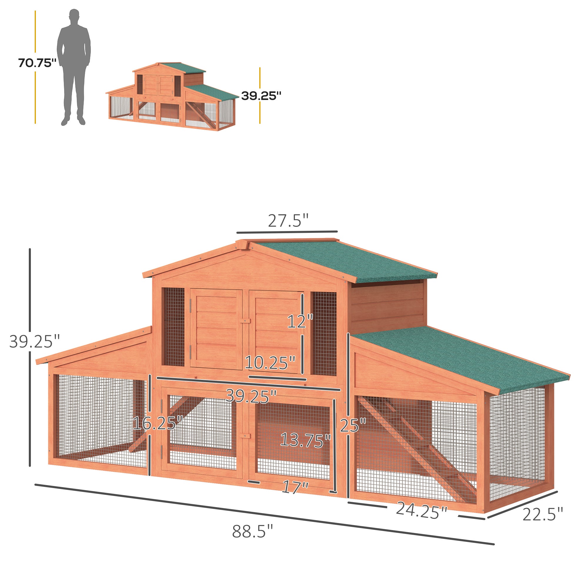 88.5" x 27.5" x 39.25" Deluxe Wooden Rabbit Hutch Backyard Bunny Cage Small Animal Living House with Outdoor Run, Orange