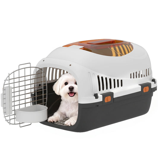 Plastic Cat Carrier, Transport Top Load Pet Carrier Travel Box for Small Dogs and Cats Max 4 KG, 49 x 32 x 31 cm, Steel Door, Feed Bowl, Secure Lock