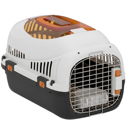 Plastic Cat Carrier, Transport Top Load Pet Carrier Travel Box for Small Dogs and Cats Max 4 KG, 49 x 32 x 31 cm, Steel Door, Feed Bowl, Secure Lock